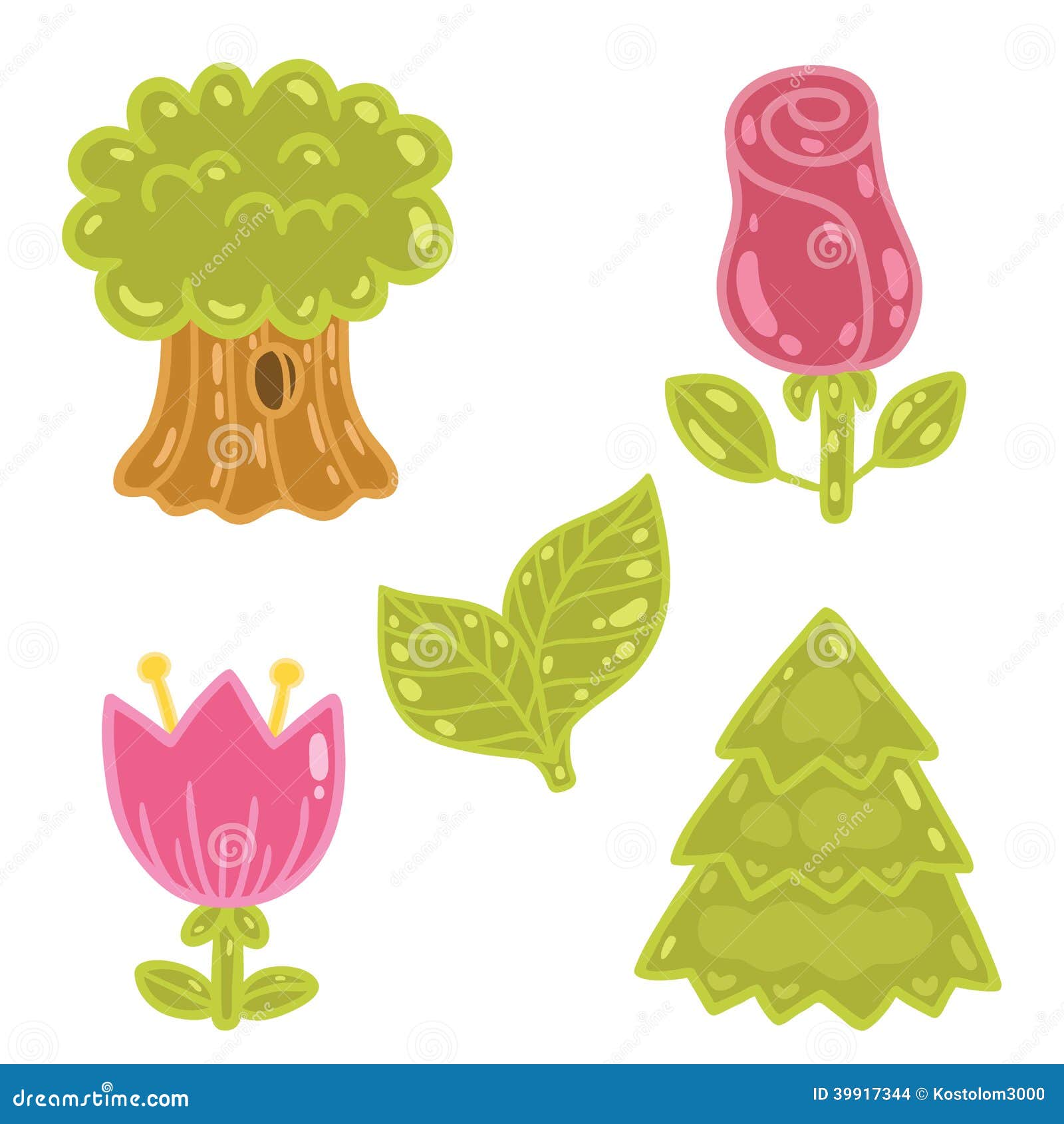 Cute Cartoon Rose, Tulip, Tree, Oak Set. Stock Vector Illustration of