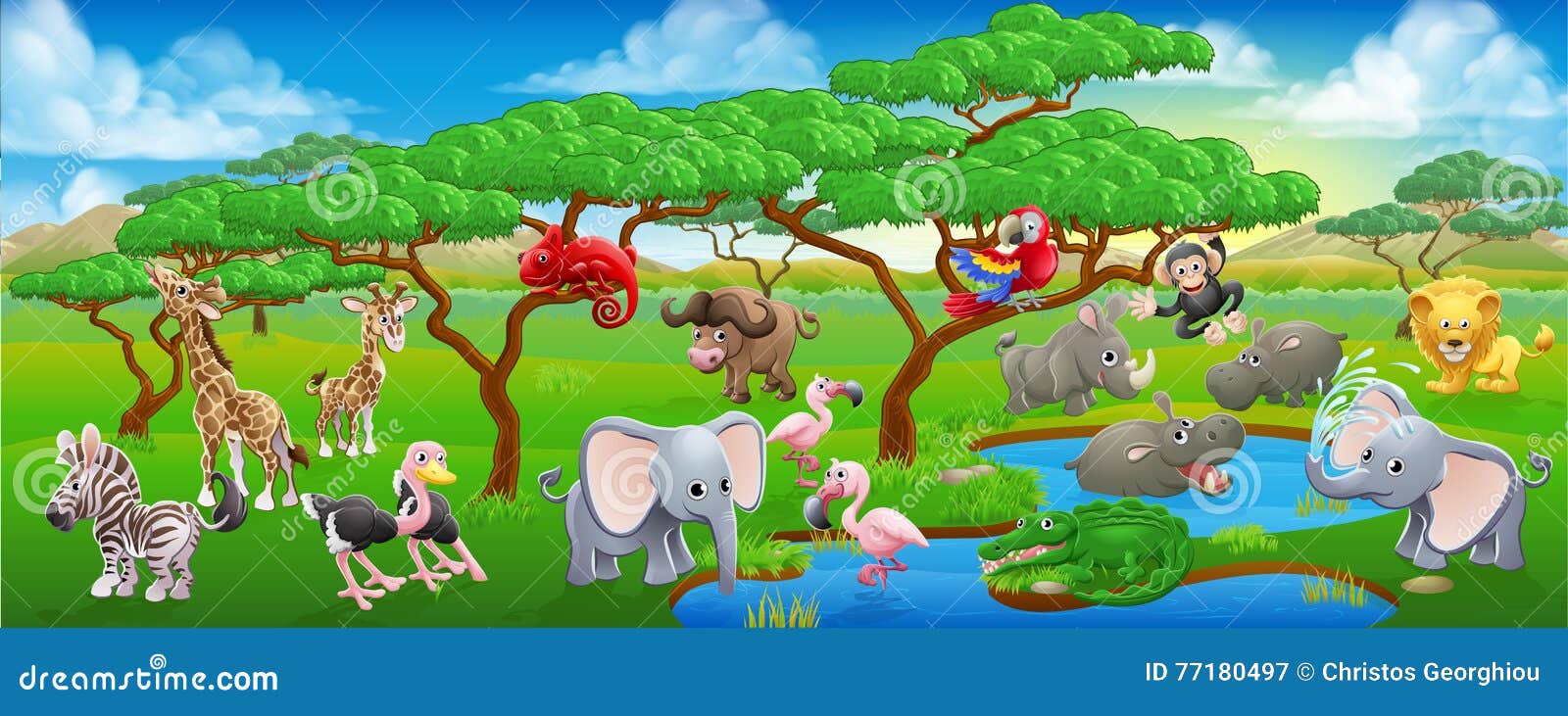 cute cartoon safari animal scene landscape