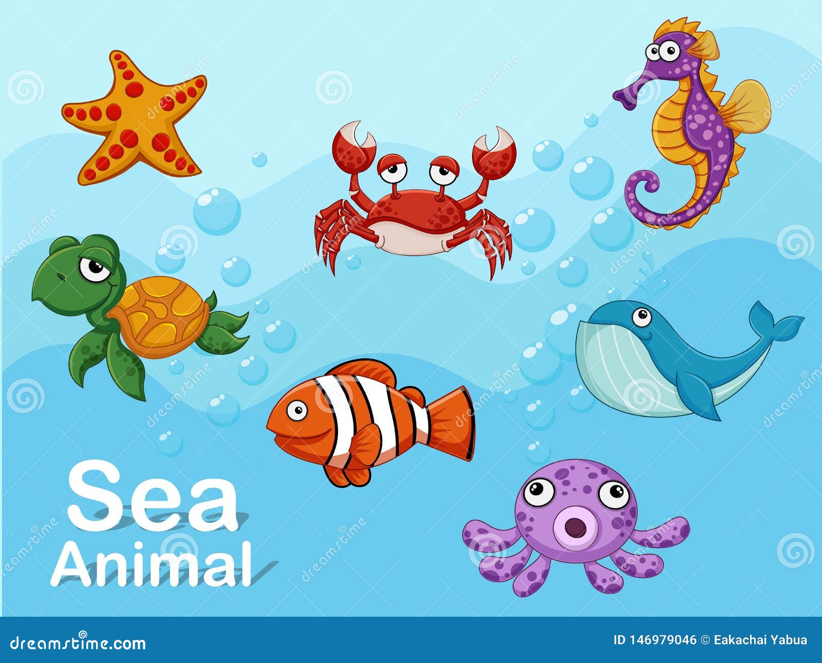 Cute Cartoon Sea Animals Underwater. Vector Illustration Set of Collection  Sea Creatures Stock Vector - Illustration of farm, icon: 146979046