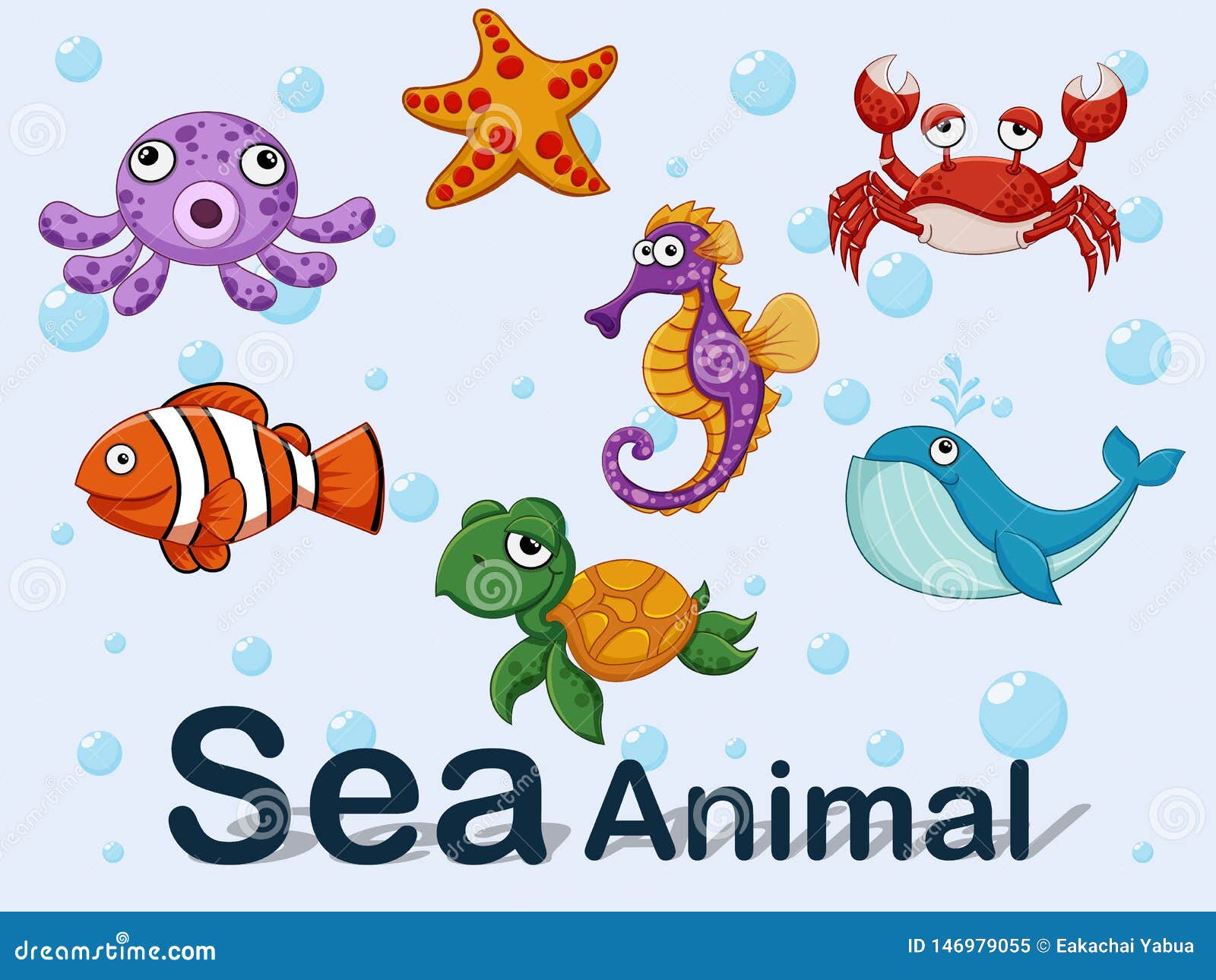 Cute Cartoon Sea Animals Underwater. Vector Illustration Set of Collection Sea  Creatures Stock Vector - Illustration of comic, collection: 146979055