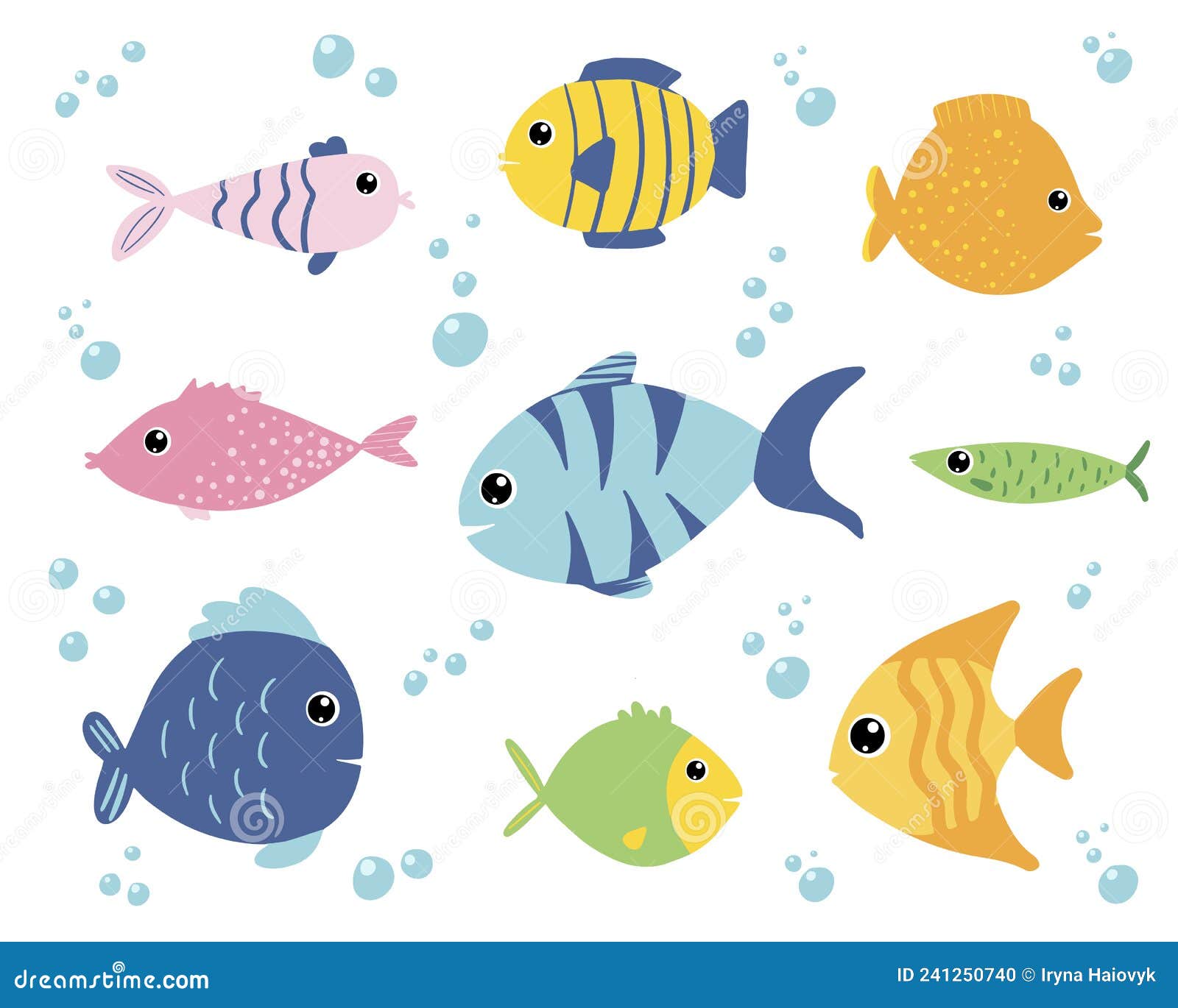 Cute Cartoon Set with Fishes in Bright Colors with Design Elements ...