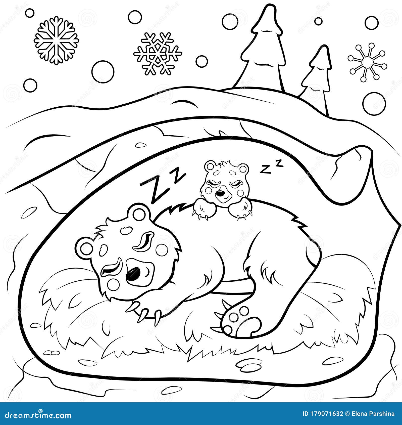 Cute Cartoon Sleeping Bears in Den in Winter Vector Coloring Page ...
