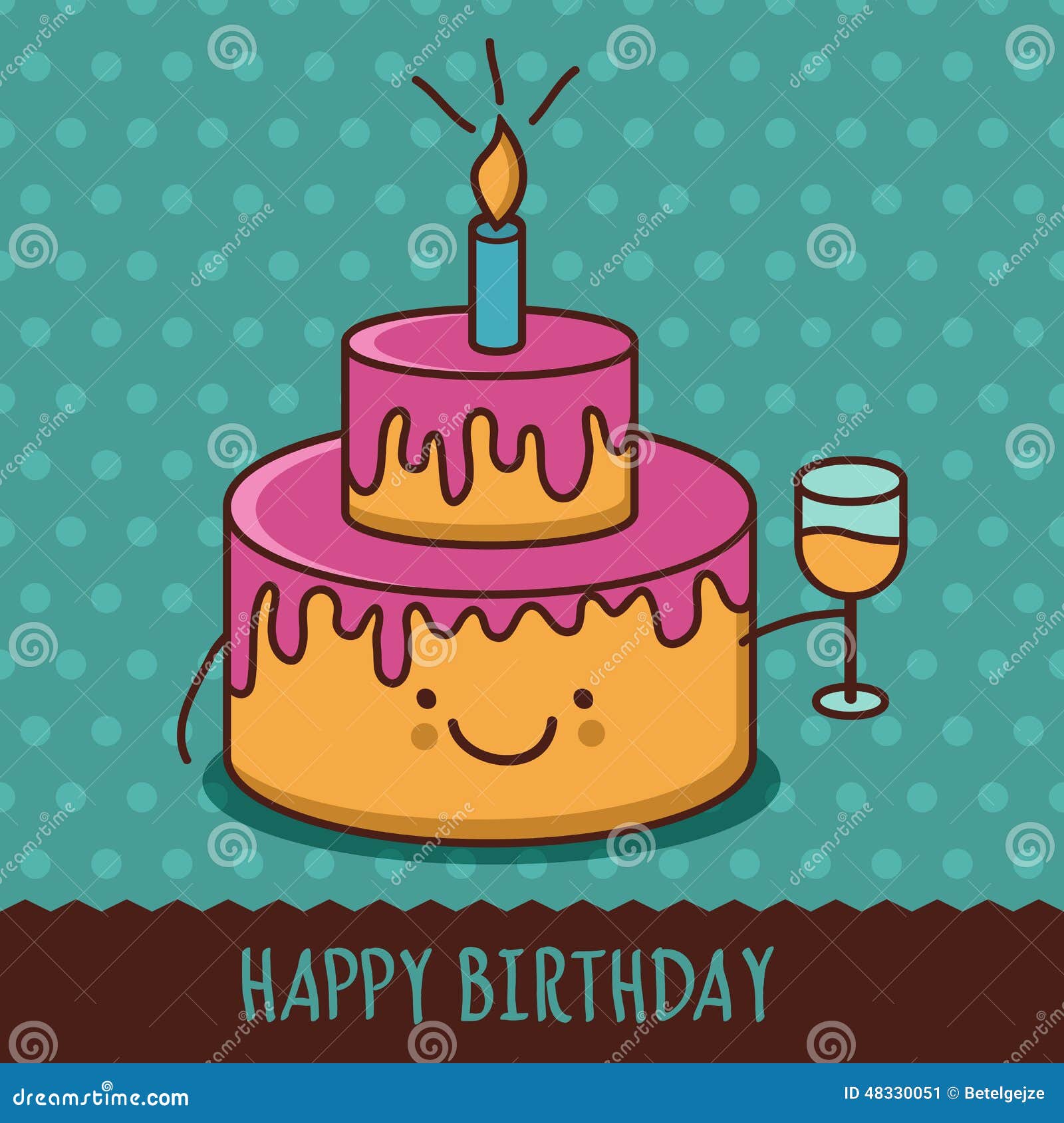 Download Cute Cartoon Smiling Cake With Glass Champagne Vector Illust Stock Vector Illustration