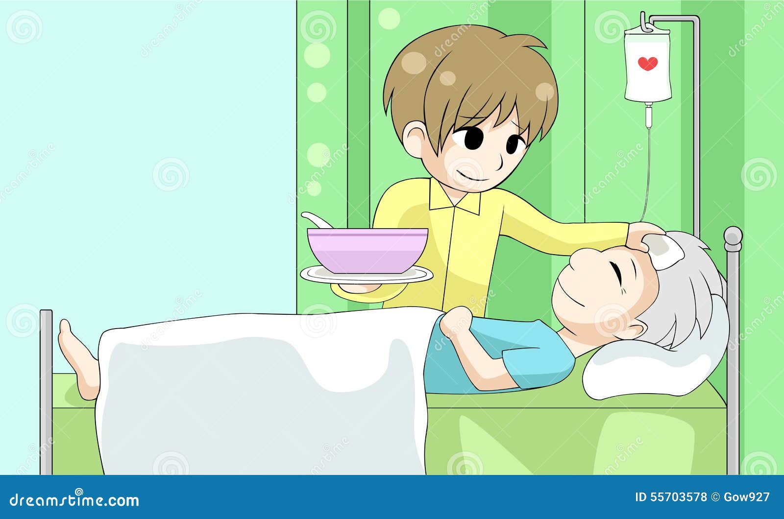 Cute Cartoon Son Is Nursing His Old Sick Father With Love And Ca  Illustration 55703578 - Megapixl