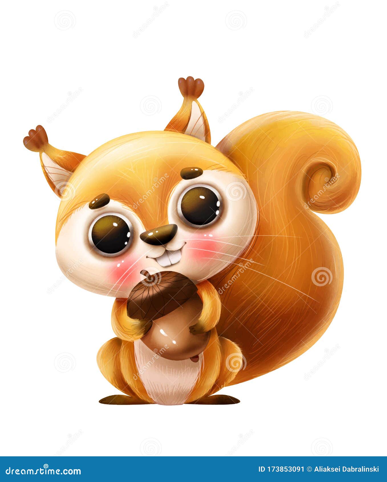 Cute Cartoon Squirrel with a Nut and a Letter on a White Background