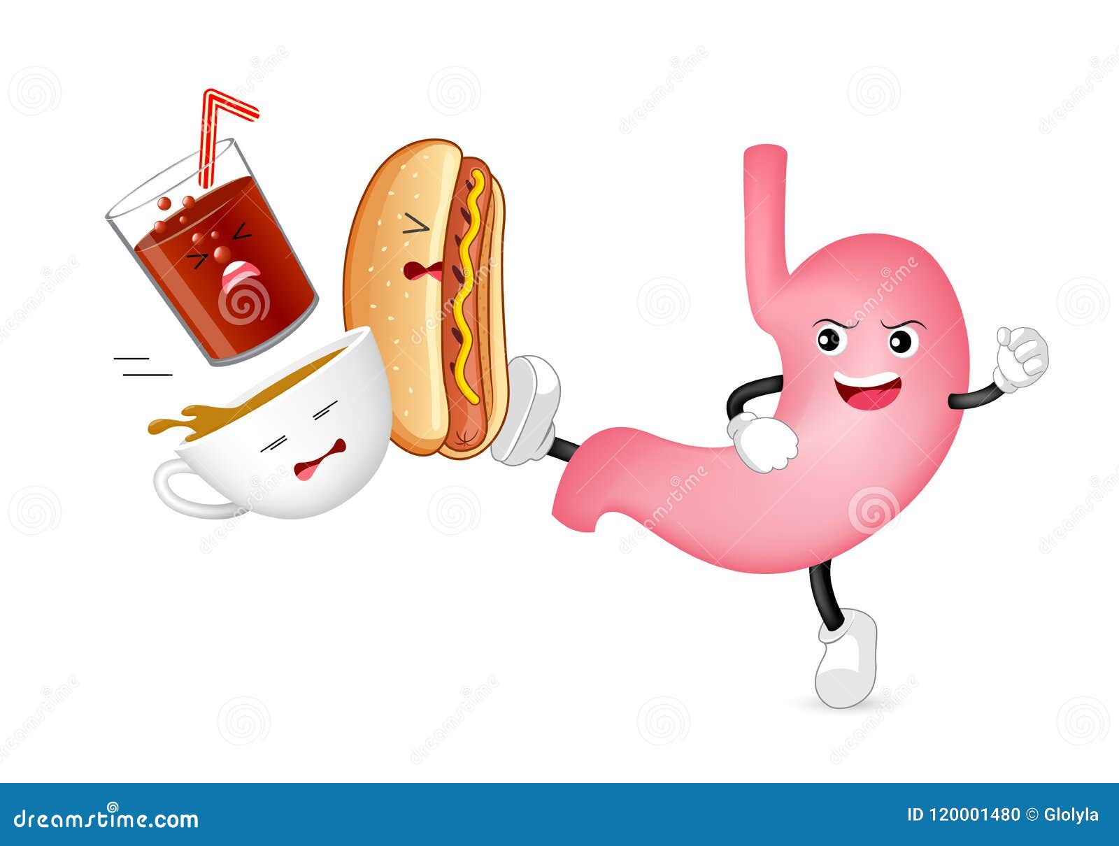 Cute Cartoon Stomach Character Attack Acidic Food and Drink, Coffee, Hot Dog and Soft Drink. Stock Vector - Illustration of digestive, drink: 120001480 Cute Cartoon Stomach Character Attack Acidic Food and Drink, Coffee, Hot Dog and Soft Drink. Stock Vector - Illustration of digestive, drink: 120001480