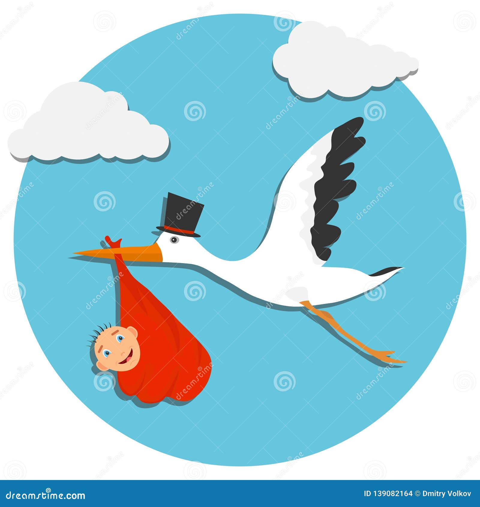 Cute Cartoon Stork and Baby. Card with Stork and Baby on Blue Sky Stock  Illustration - Illustration of children, child: 139082164