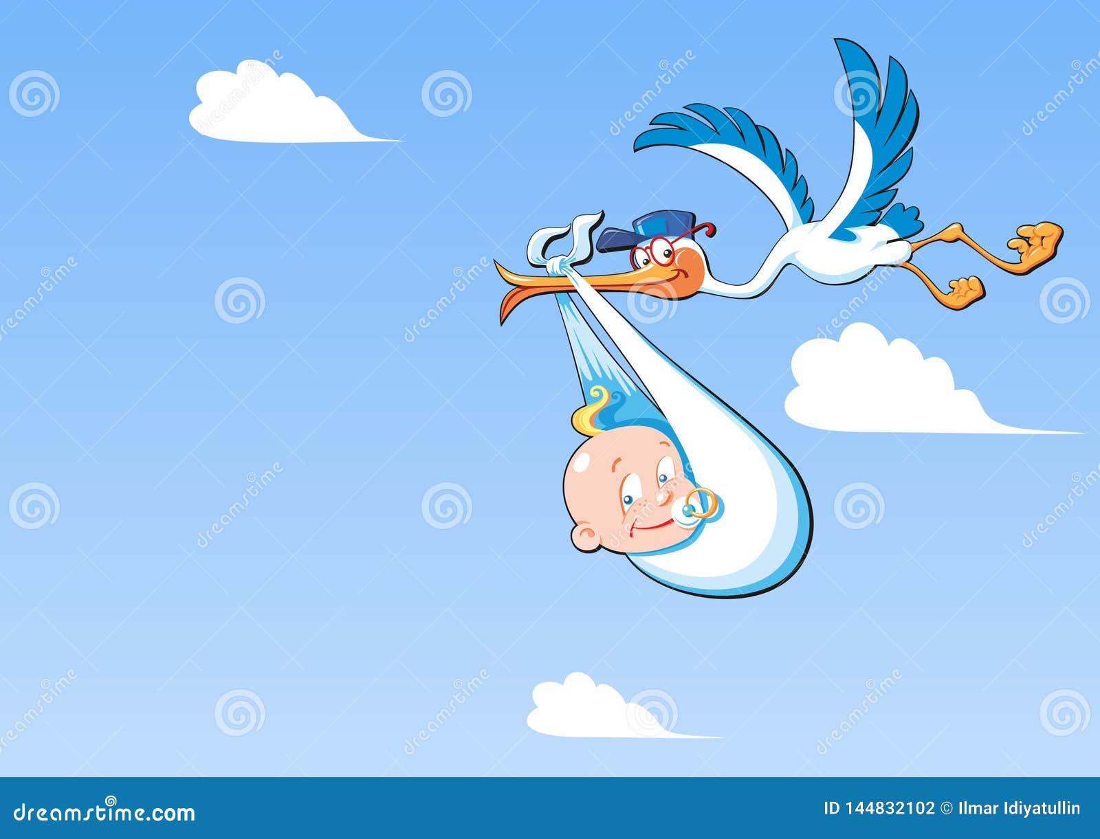 Cute Cartoon Stork and Baby. a Flying Bird Carrying a Newborn Baby, Against a Blue Sky with White Clouds with Copy Space Stock Vector - Illustration of flat, infant: 144832102 Cute Cartoon Stork and Baby. a Flying Bird Carrying a Newborn Baby, Against a Blue Sky with White Clouds with Copy Space Stock Vector - Illustration of flat, infant: 144832102
