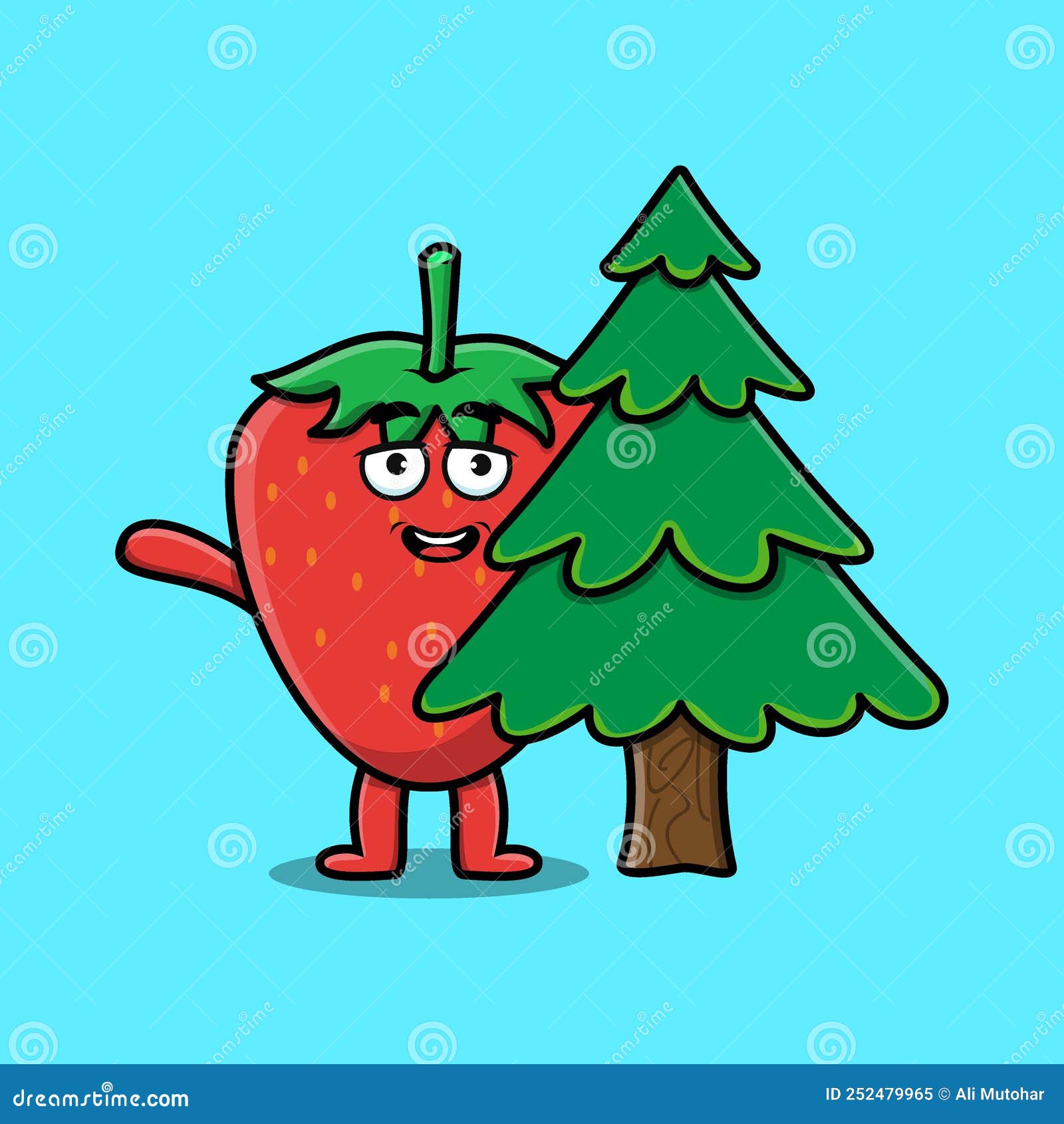Cute Cartoon Strawberry Character Hiding Tree Stock Vector