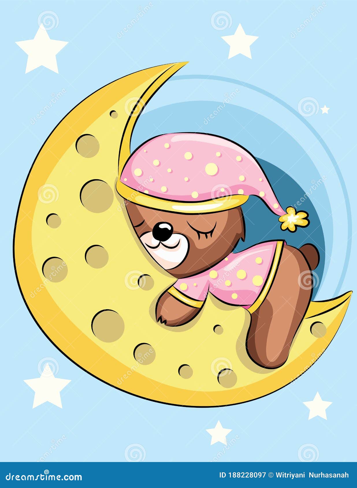 Cute Cartoon Teddy Bear Is Sleeping On The Moon Vector Illustration Of