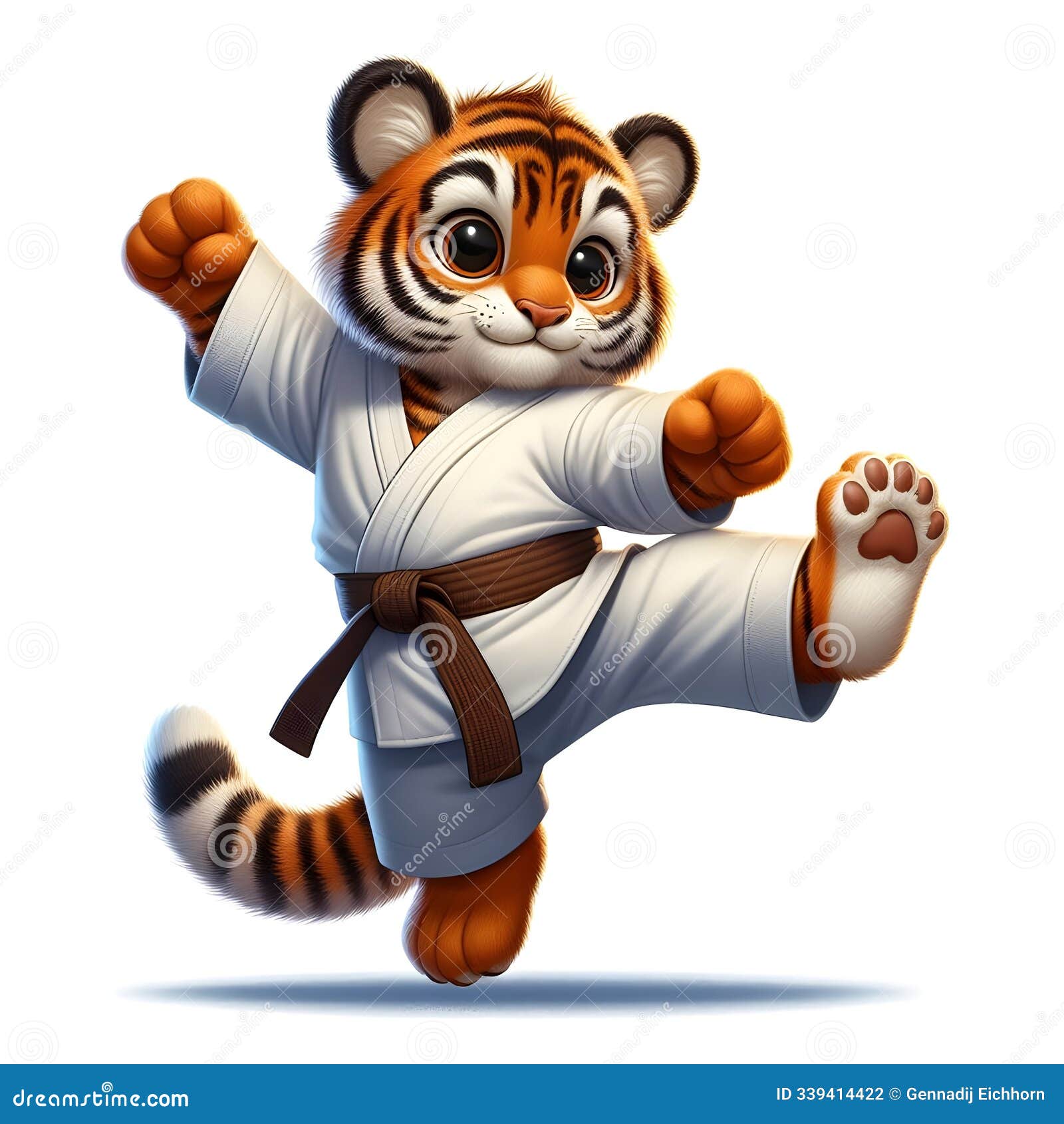 a cute cartoon tiger cub practicing karate in a white gi, playfully kicking with big paws.