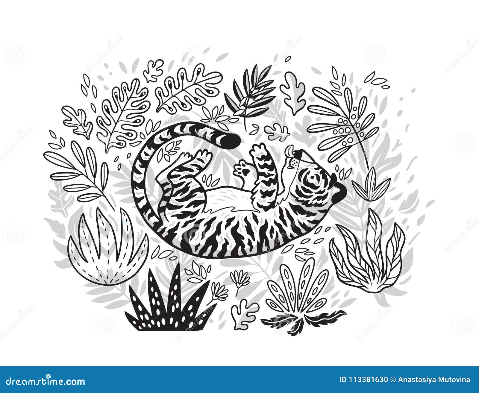 https://thumbs.dreamstime.com/z/cute-cartoon-tiger-playing-leaf-jungle-black-white-contour-print-ideal-posters-cards-apparel-design-coloring-113381630.jpg