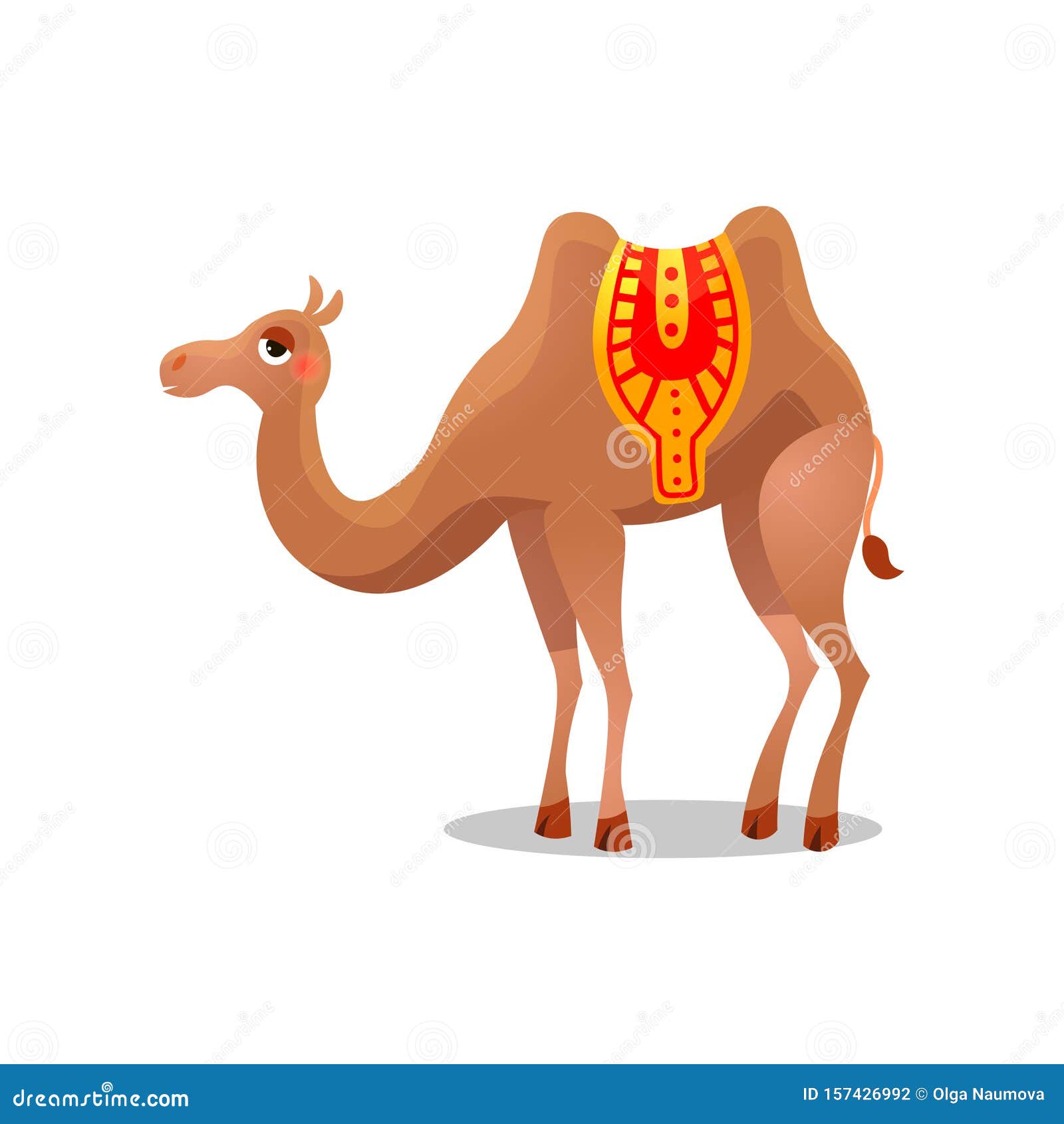 Bactrian Camel with a Saddle. Raster Illustration in Flat Cartoon Style