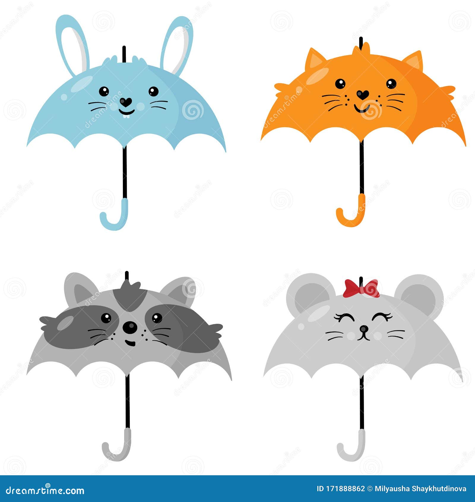 Cute Cartoon Umbrellas in Shape of Animals. Vector Illustration Stock