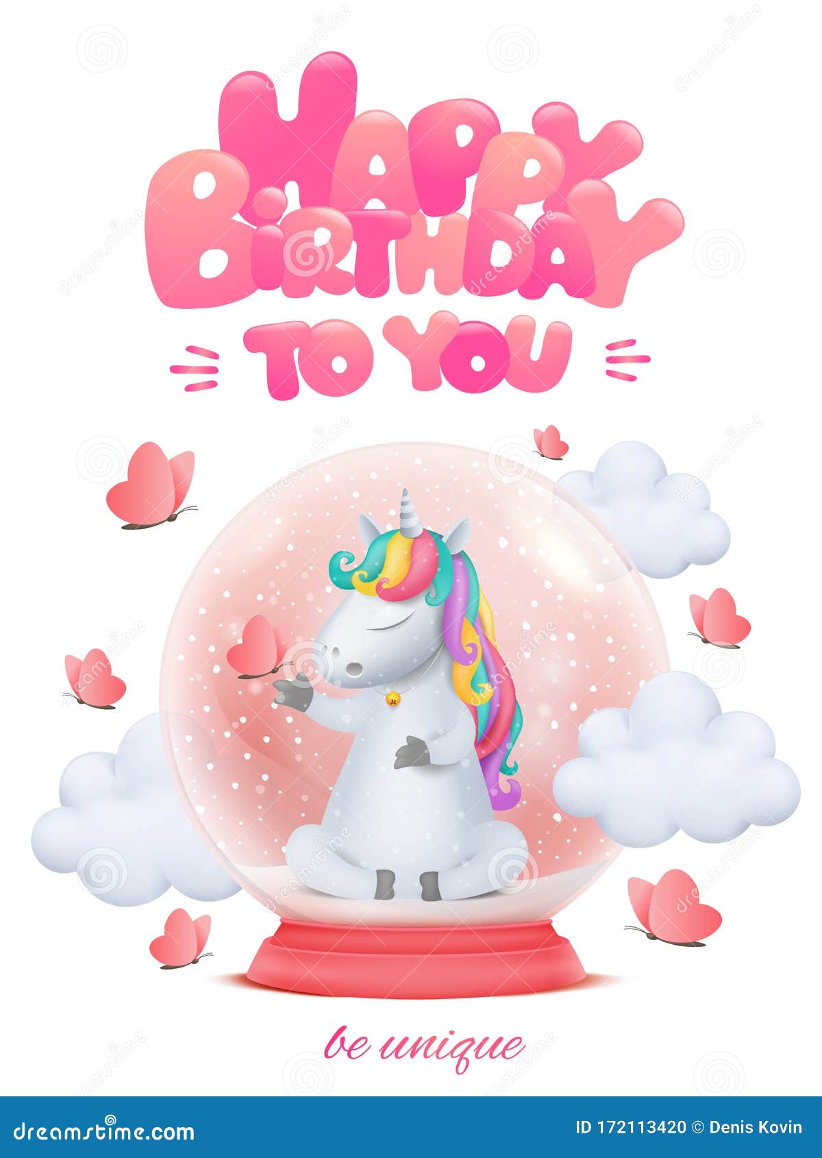 Cute Cartoon Unicorn Character With Bell Siting In Glass Snow Ball ...