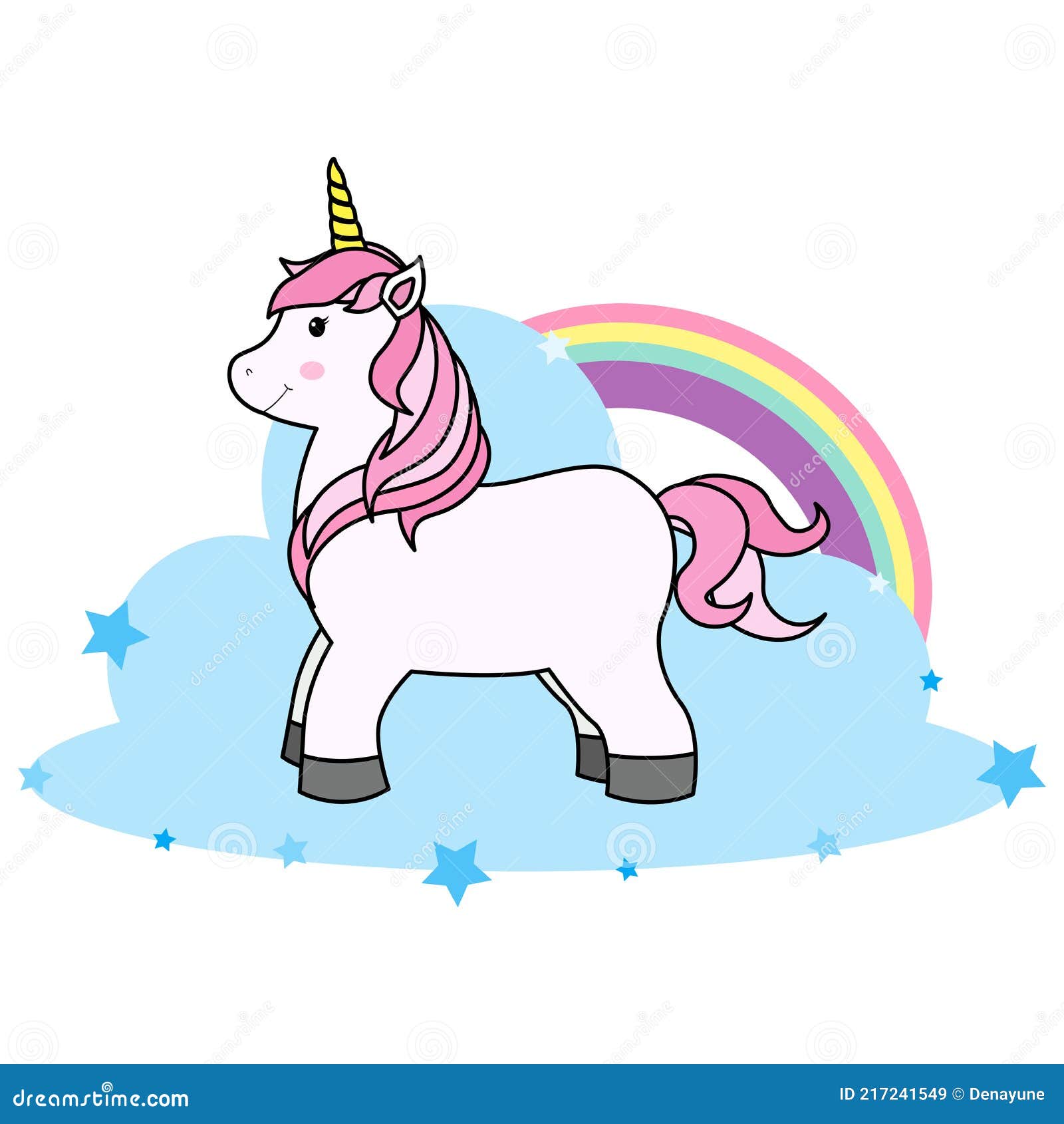Cute Cartoon Unicorn on Cloud and Rainbow for Print T-shirt or Sticker ...