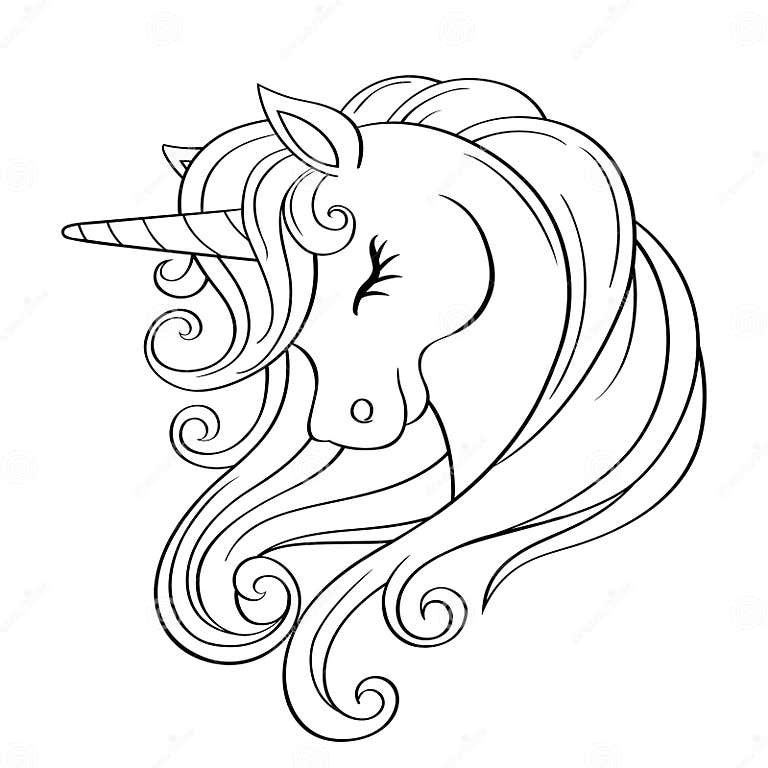 Cute Cartoon Unicorn Head with Rainbow Mane. Black and White Vector ...