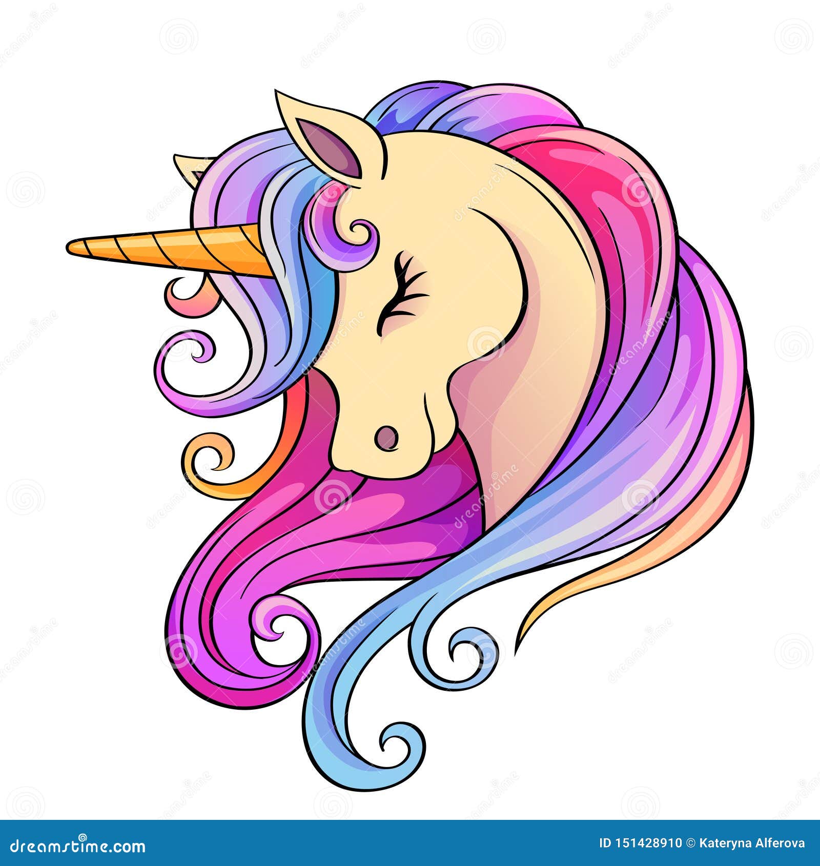 cute cartoon unicorn head with rainbow mane