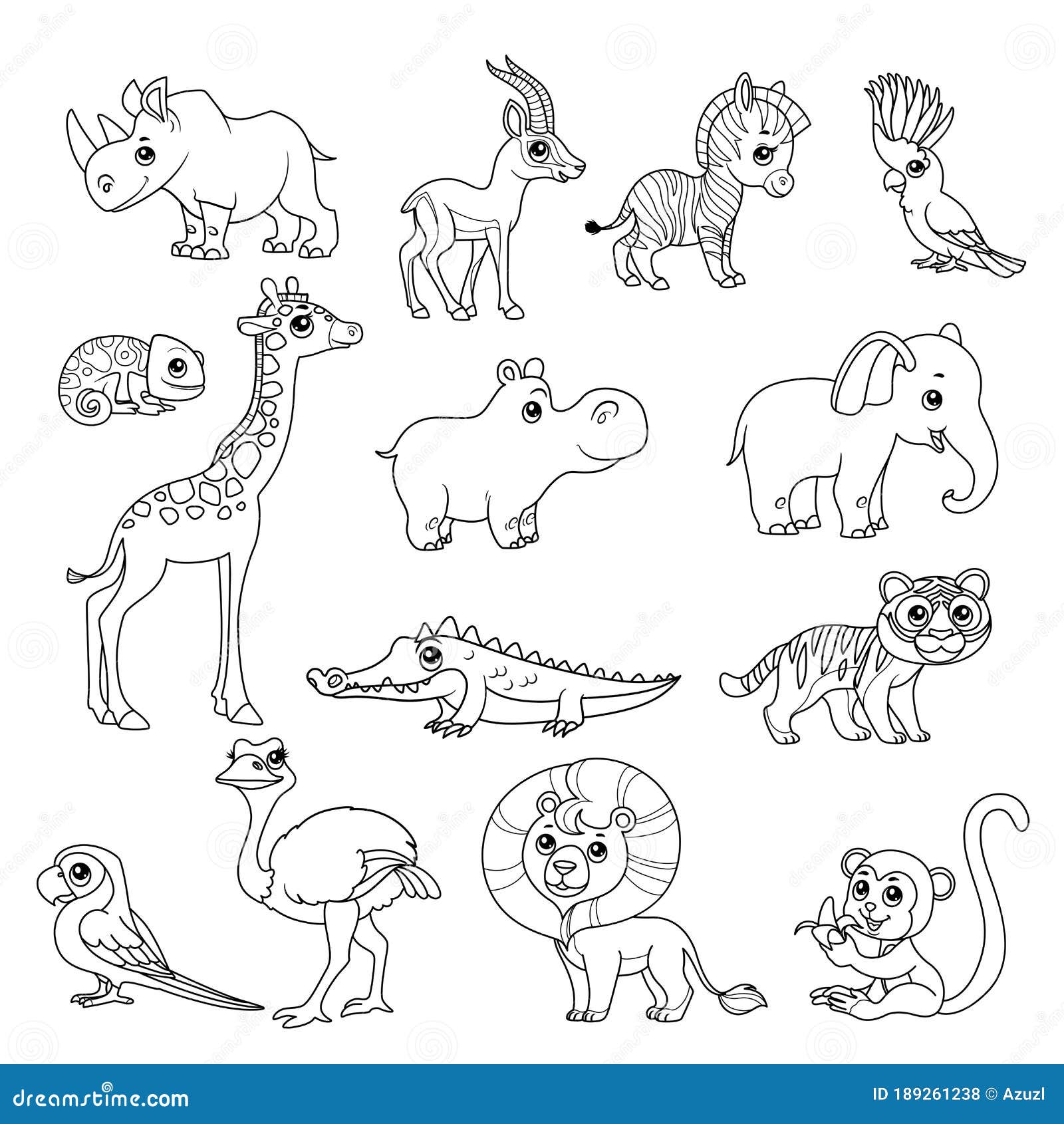 Cute Cartoon Various African Animals Set Black Doodles Outline on a White  Background for Coloring Page Stock Vector - Illustration of line, hippo:  189261238