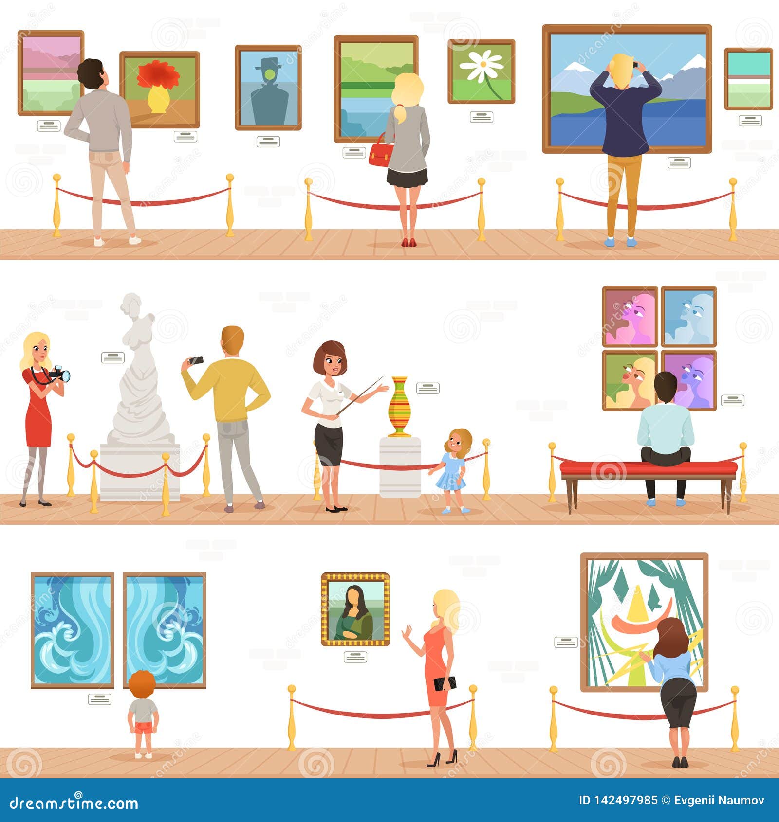 Cute Cartoon Visitors and Guide Characters in Art Museum. People Admire ...