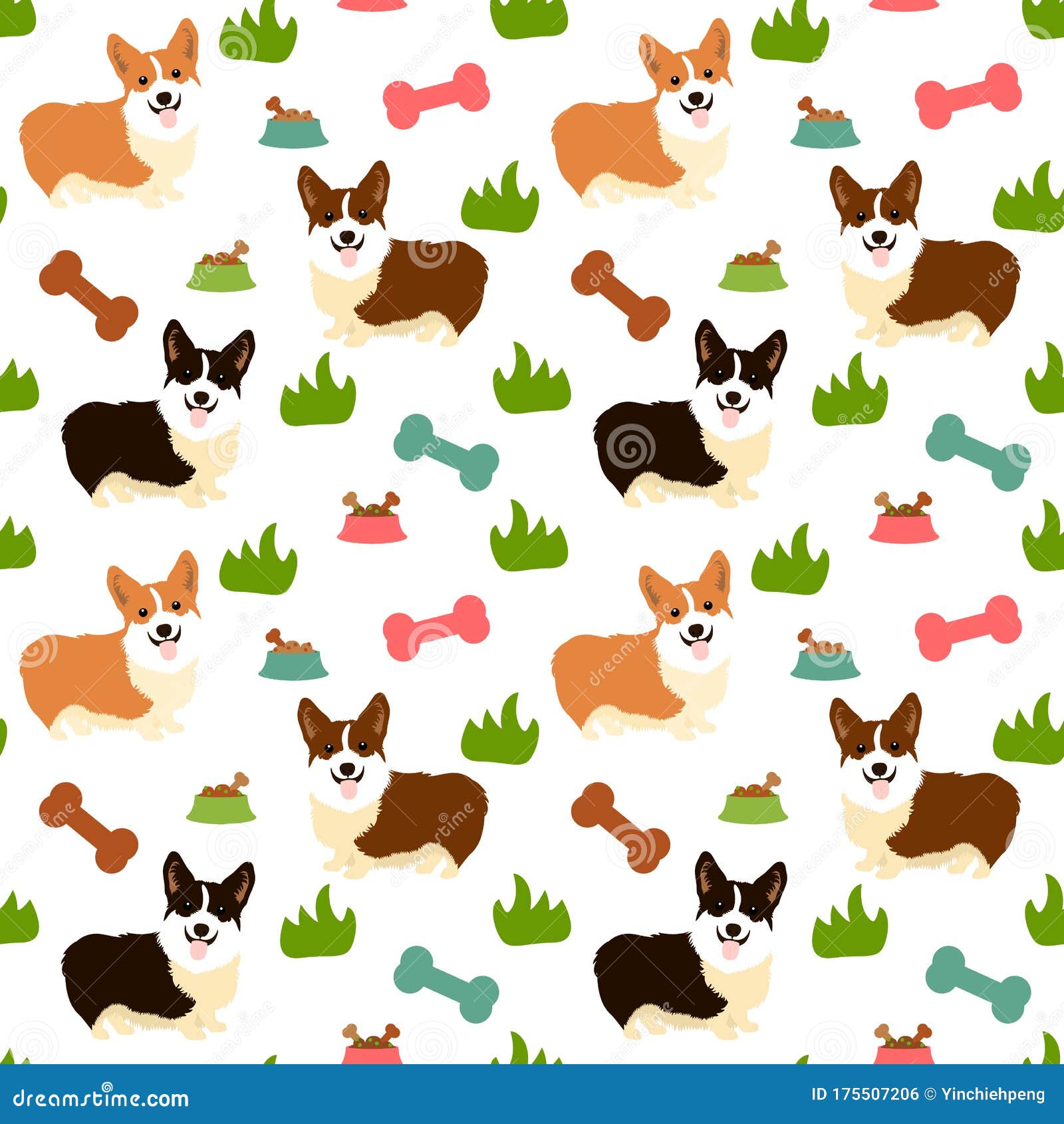 Cute Cartoon Welsh Corgi Dog in the Grass Seamless Pattern Background with  Hand Drawn Bone, Dog Food, Dog Bowl. Cartoon Dog Puppy Stock Vector -  Illustration of design, character: 175507206