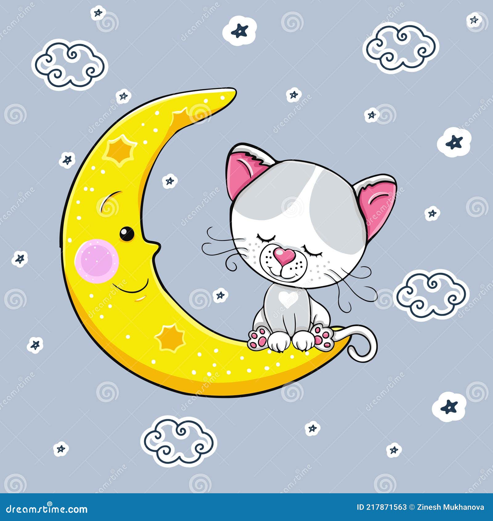 Cute Cartoon White Gray Cat Sleeps on the Moon. Vector Illustration. a  Beautiful Kitten Stock Vector - Illustration of dark, romantic: 217871563