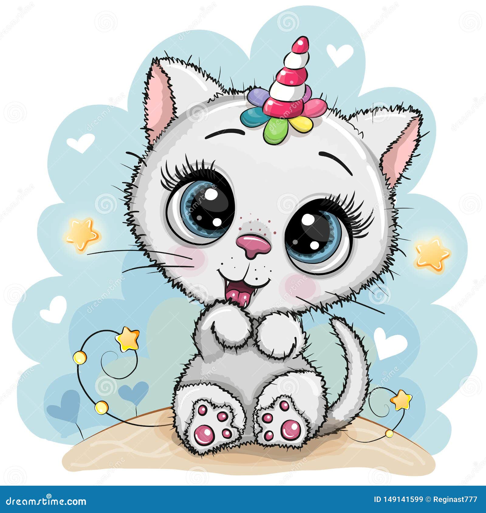 cartoon white kitten with the horn of a unicorn