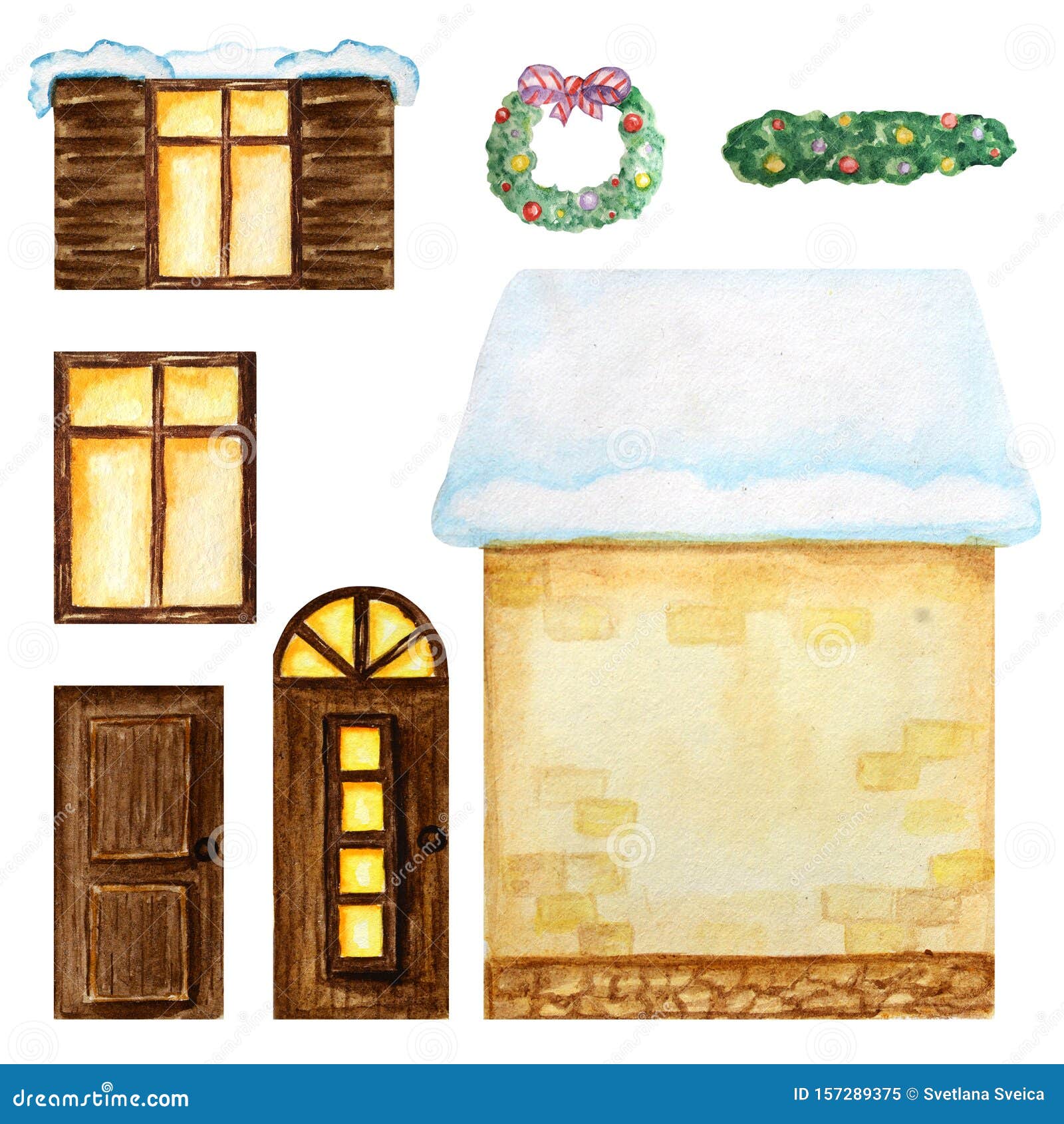 Cute Cartoon Yellow House, Windows, Doors, Christmas Decorations  Constructor on White Background. Elements Set Perfect Stock Illustration -  Illustration of background, estate: 157289375