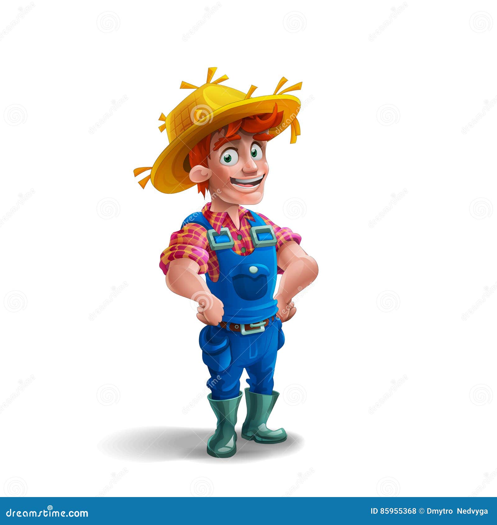 Cute Cartoon Young Guy Farmer In Straw Hat On White Background. Stock