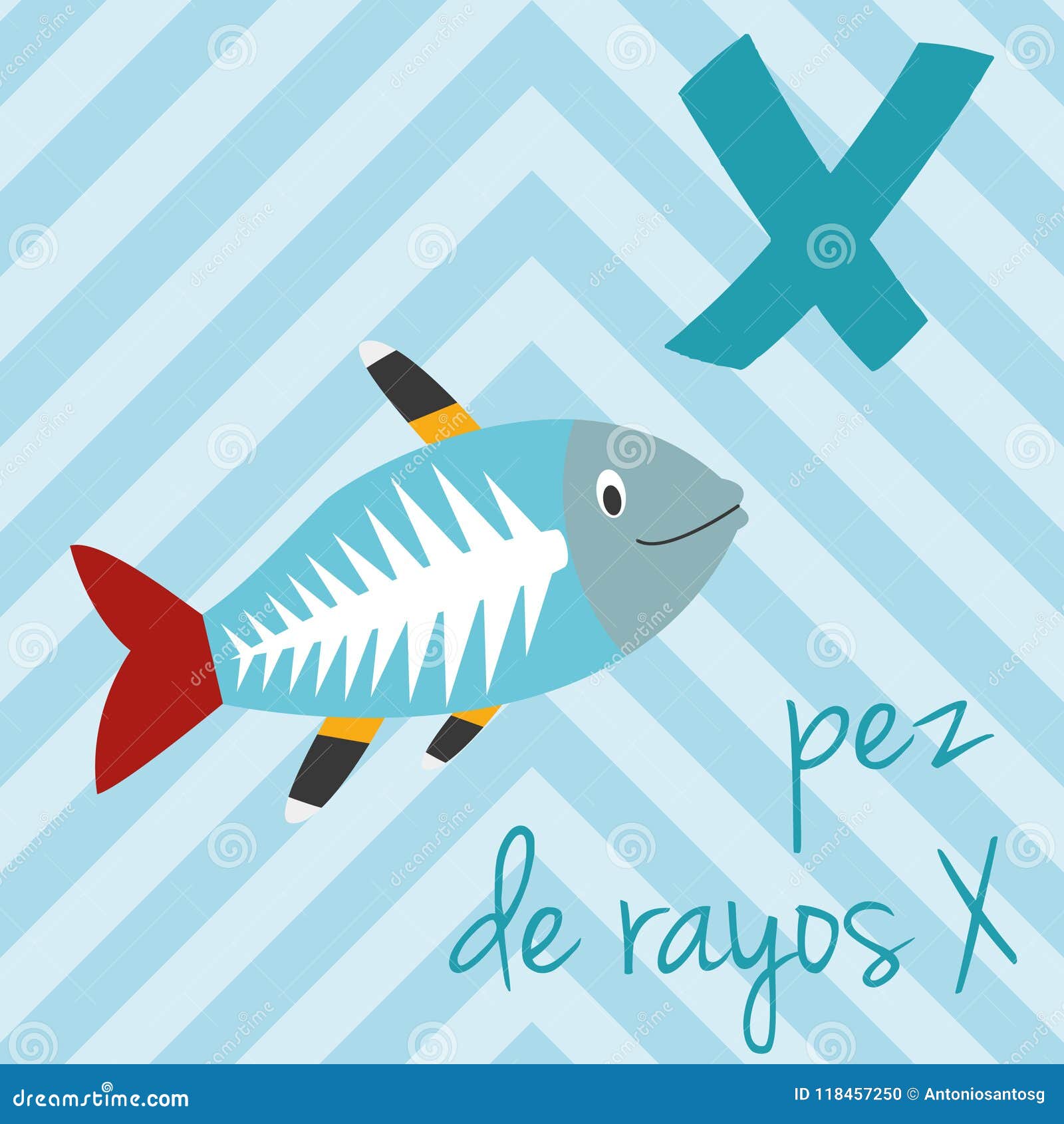 cute cartoon zoo illustrated alphabet with funny animals. spanish alphabet: x for pez de rayos x.
