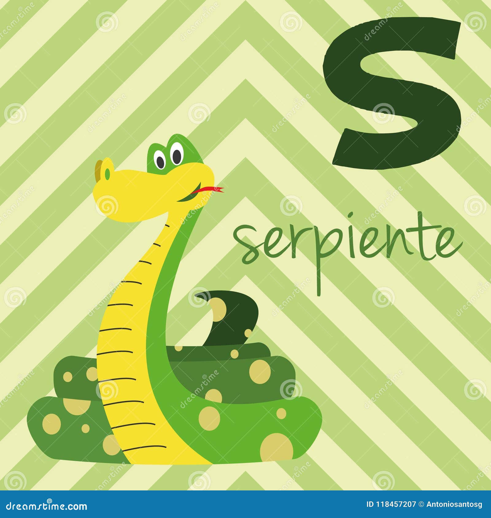 cute cartoon zoo illustrated alphabet with funny animals. spanish alphabet: s for serpiente.