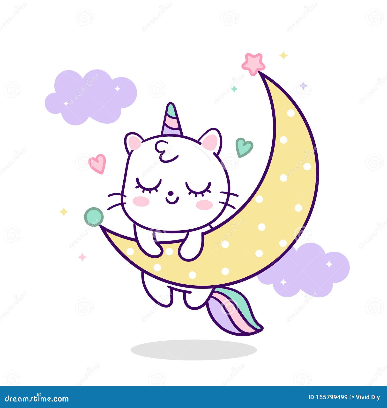 cute cat cartoon unicorn  pony on moon, magic sleeping time