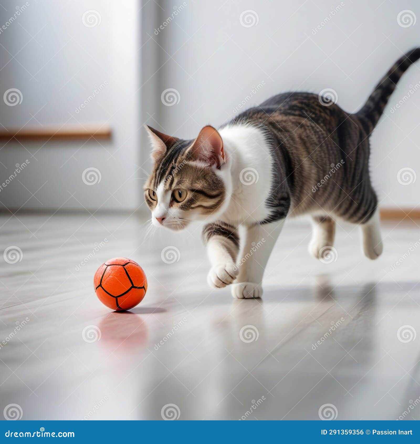 Cute Cat Chasing Ball on the Floor Stock Illustration Illustration of