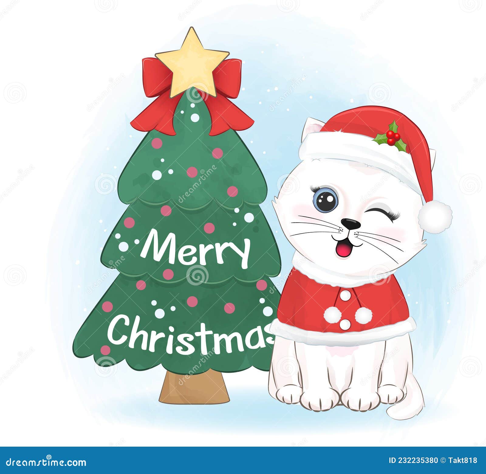 Cute Cat and Christmas Tree. Christmas Season Stock Vector