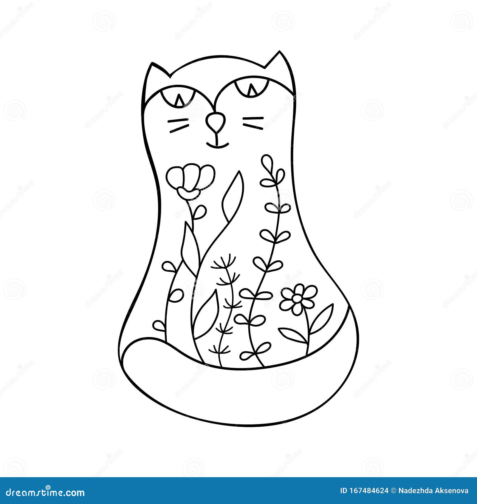 Cute Cat And Flowers. Doodle Style. Coloring Book, Page For Adults And