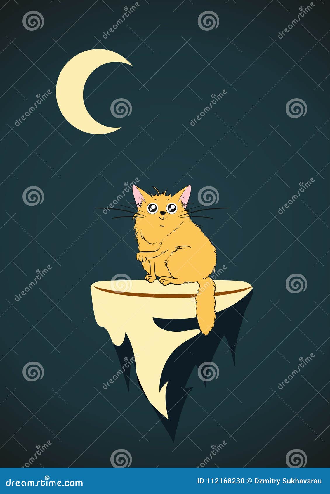 A Cute Cat on a Flying Island, in the Moonlight. Stock Illustration ...