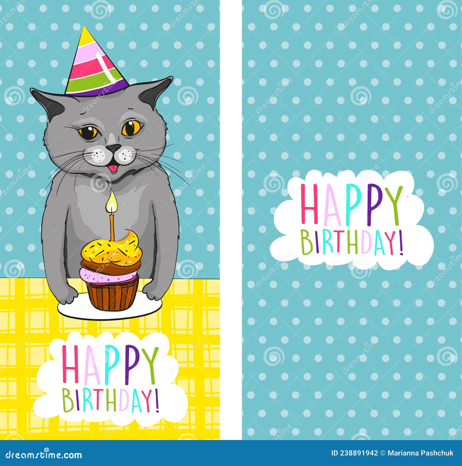 Cute Cat Illustration with Birthday Cake, Happy Birthday Greeting Card ...