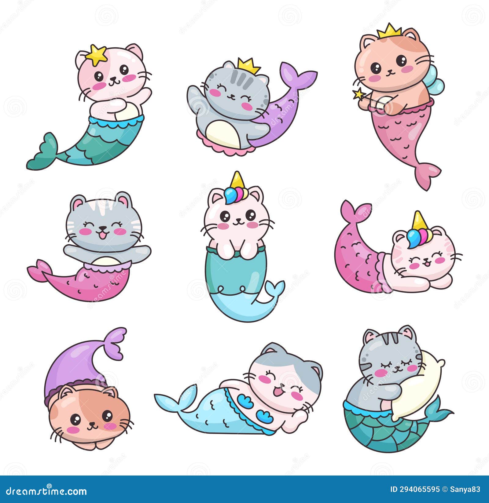 Cute Cat Mermaid. Beautiful Cartoon Kitty Unicorn Stock Illustration ...