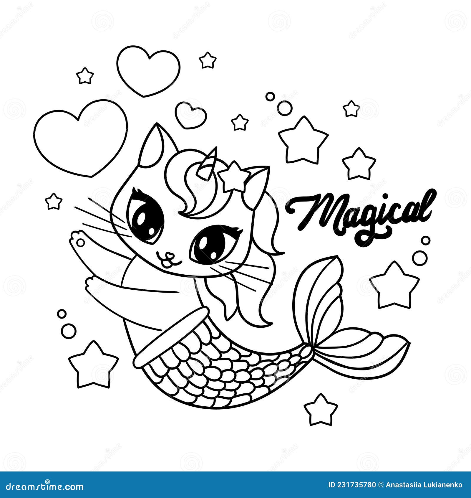 Cute Cat Mermaid Unicorn. Black and White Outline Drawing. Vector Stock ...