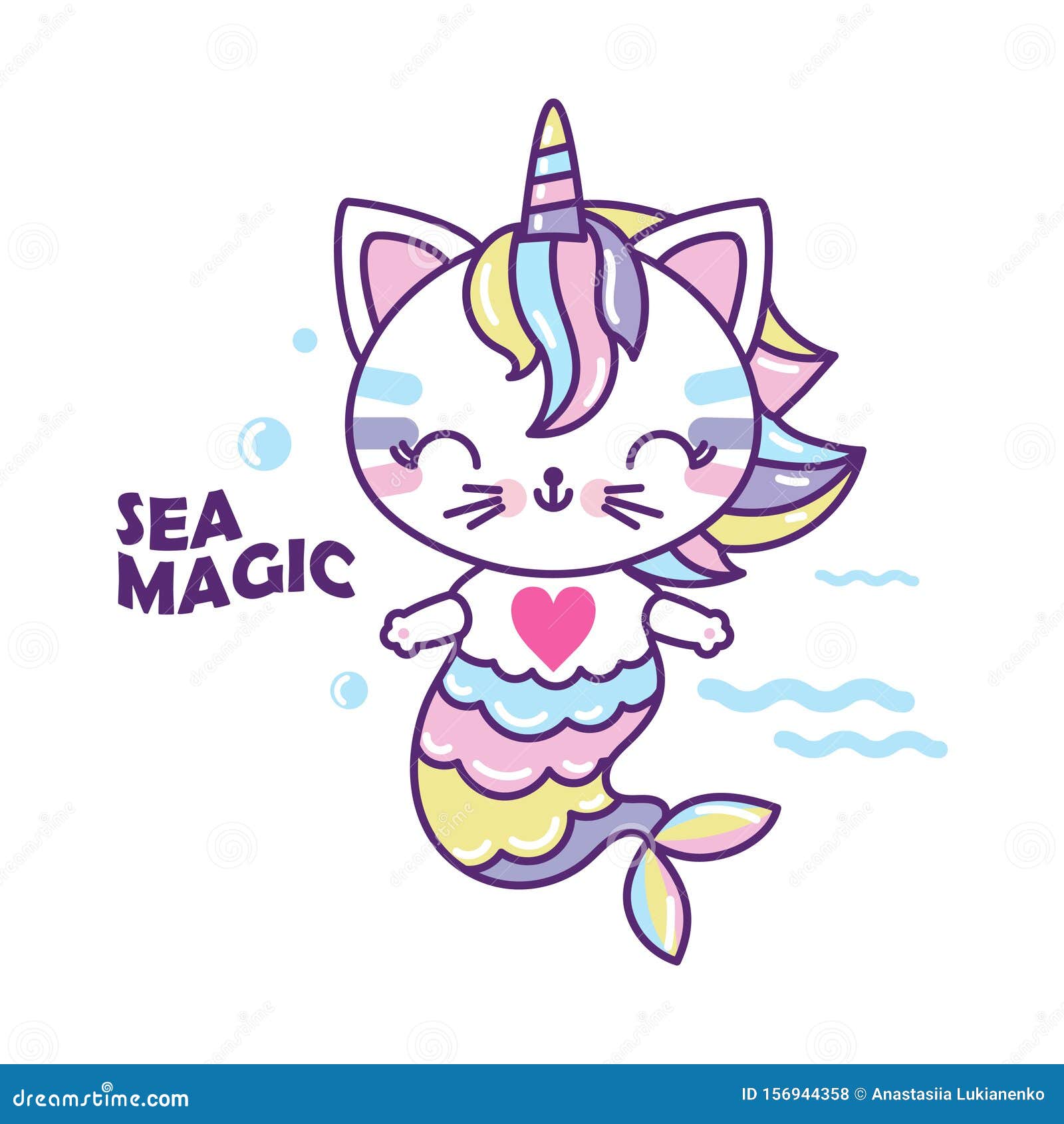 Cute Cat Mermaid  Unicorn  Cartoon Character Vector Stock 