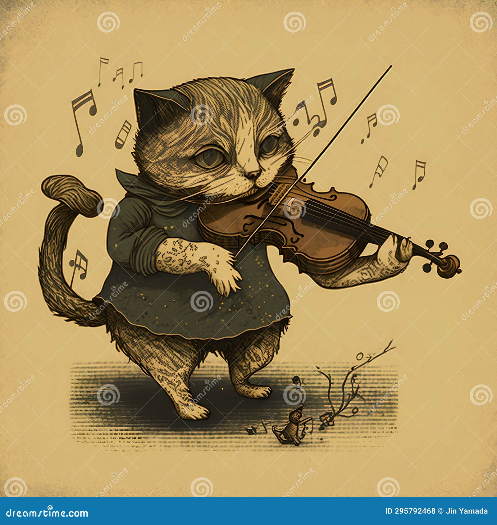 Cute Cat Playing the Violin, Vector Illustration. Vintage Style Stock Illustration