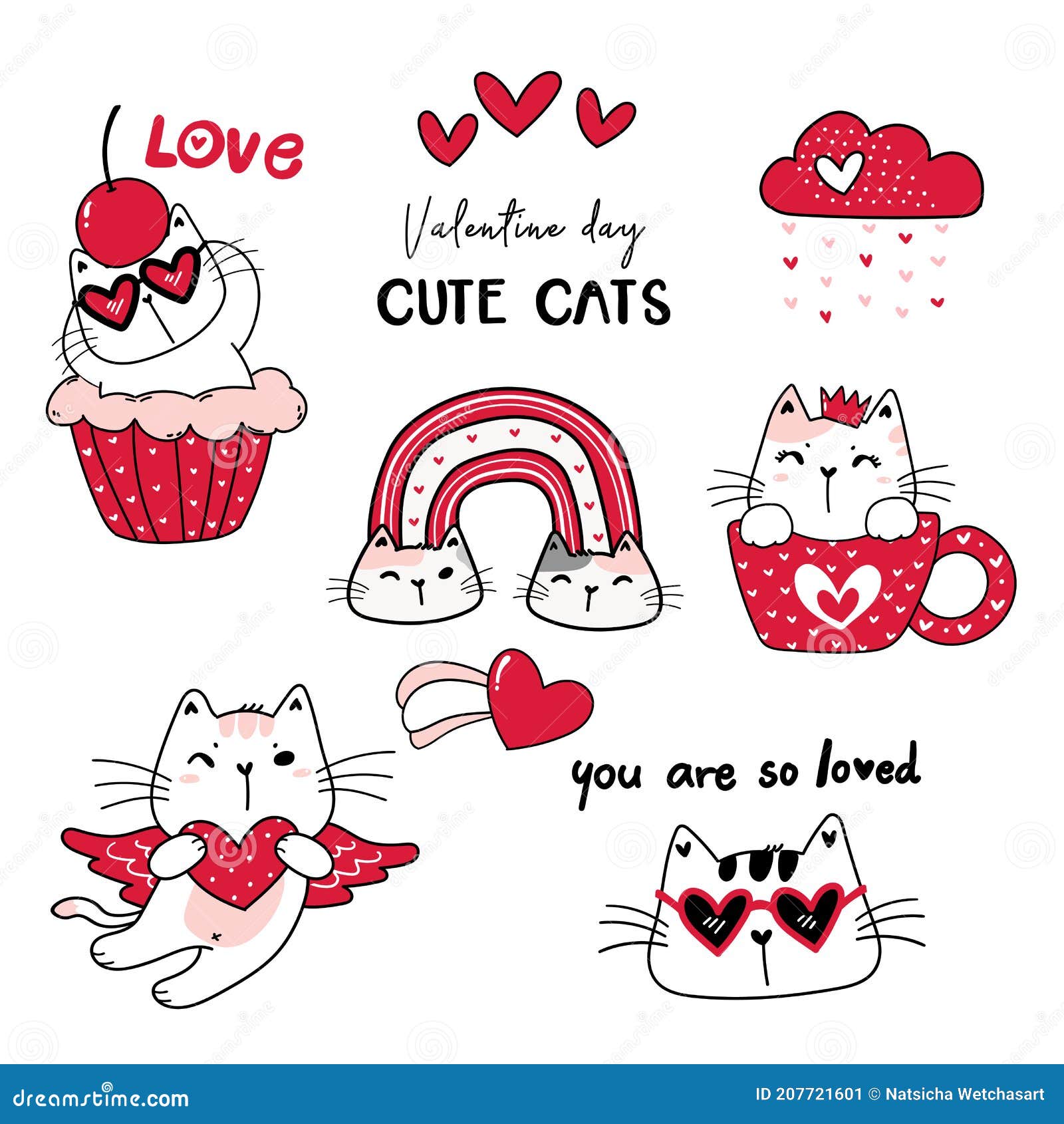 Cute Cat Red Valentine Day Cartoon Vector Collection, Valentine Clipart Set, Doodle Cat Drawing in Red Stock Vector - Illustration of decoration, funny: 207721601