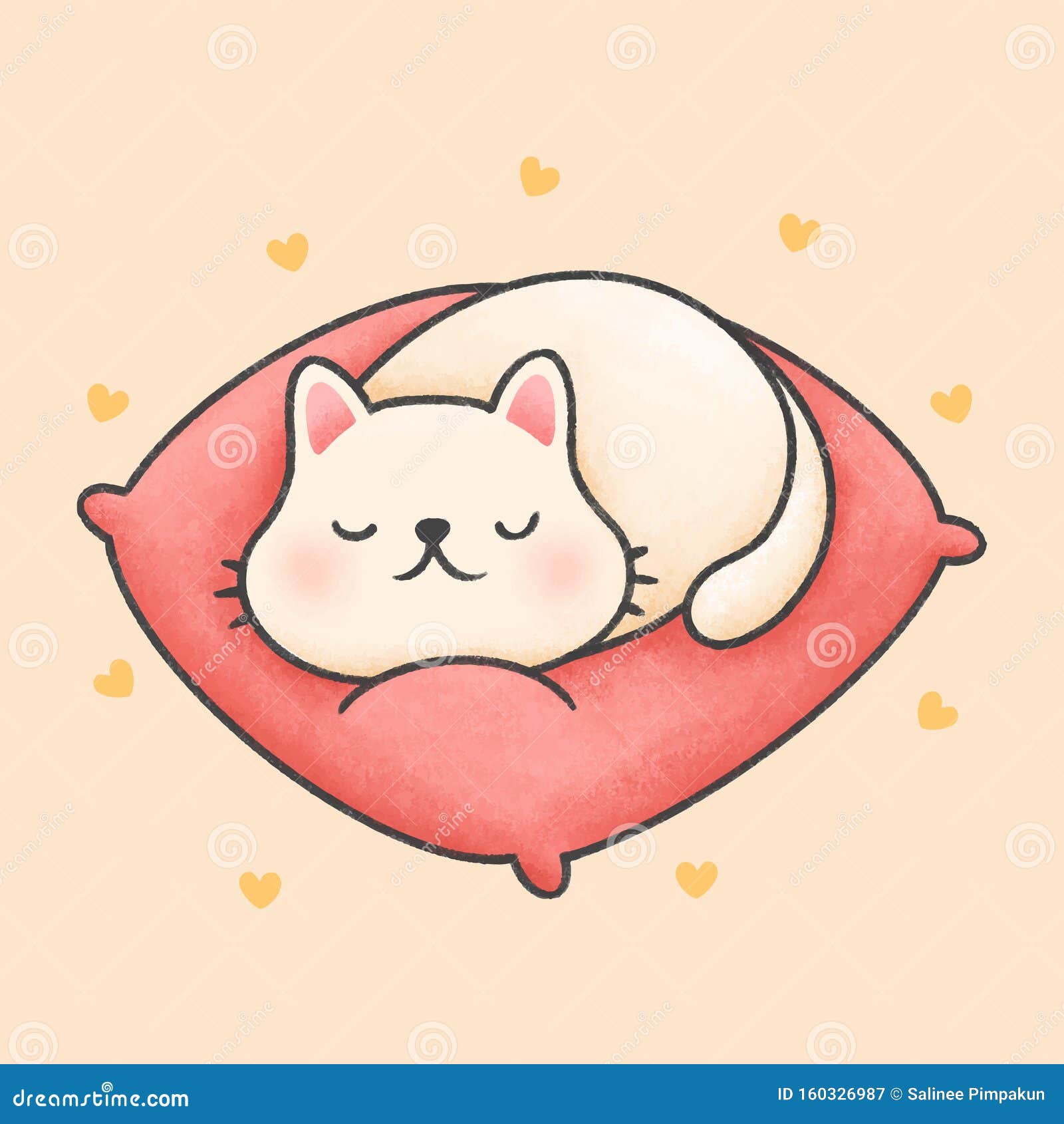 Cute Cat Sleeping On A Pink Pillow Cartoon Hand Drawn Style Stock Illustration Illustration Of Happy Cozy