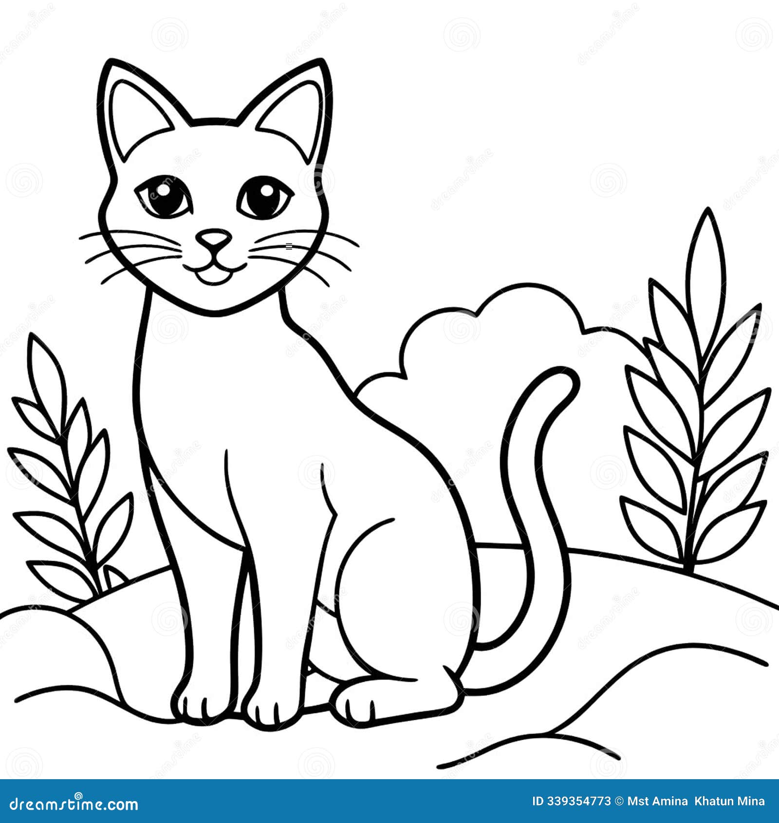 adorable cat in nature: cute coloring page for kids