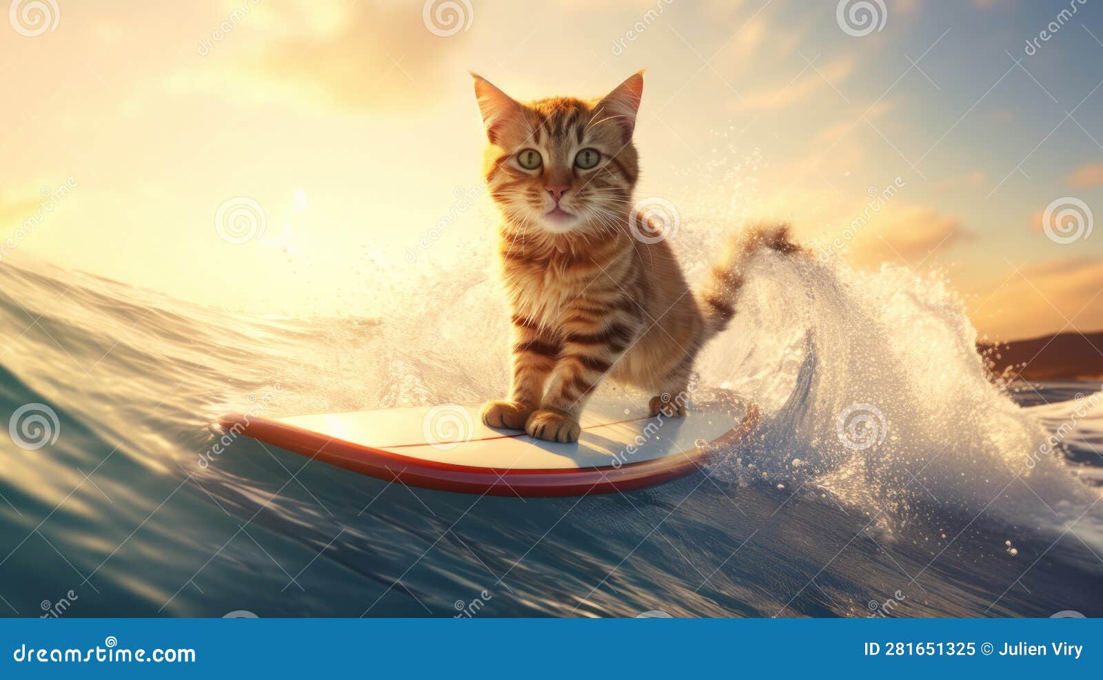 Cute Cat Surfing Waves on a Surfboard on Sunny Summer Day Stock