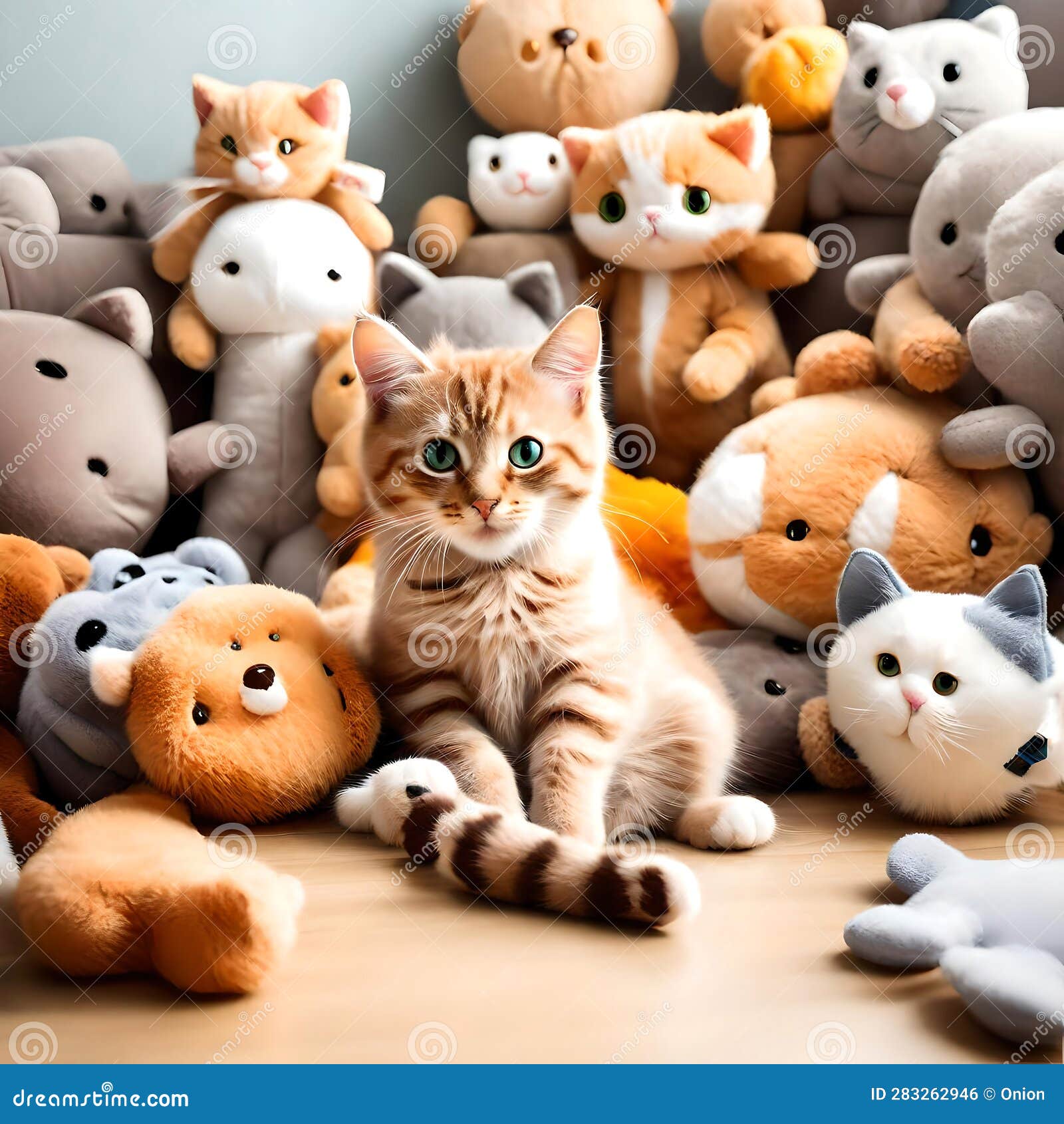 cute cat surrounded by soft toys - ai generaeted image