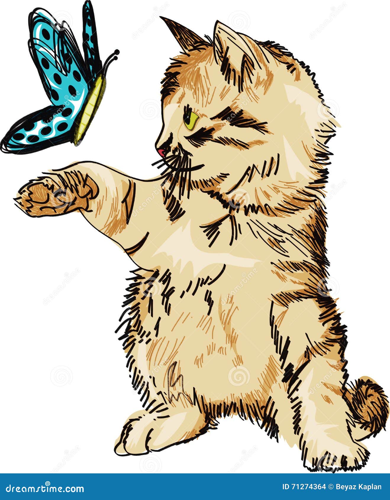 Cute Cat with Sweet Butterfly Playing Stock Illustration - Illustration