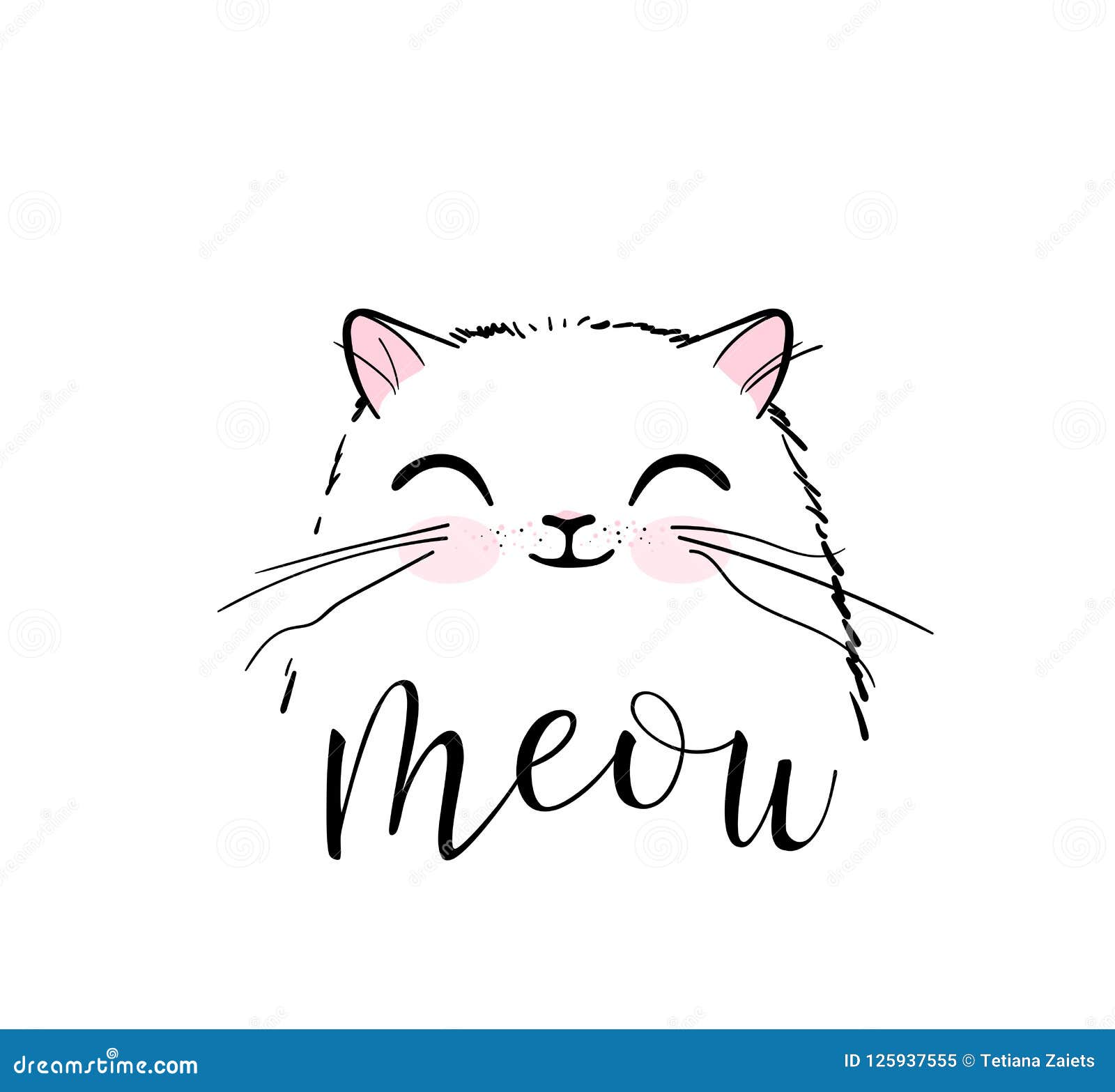 Cute Cat Vector Print Design. Meow Lettering Text. Kitten Face