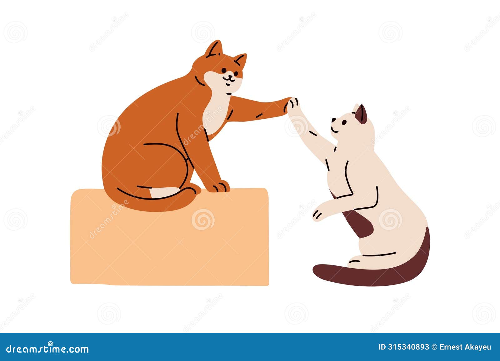 cute cats giving high five. friendly feline animals greeting with paw gesture. trained smart kitty pets, friendship and