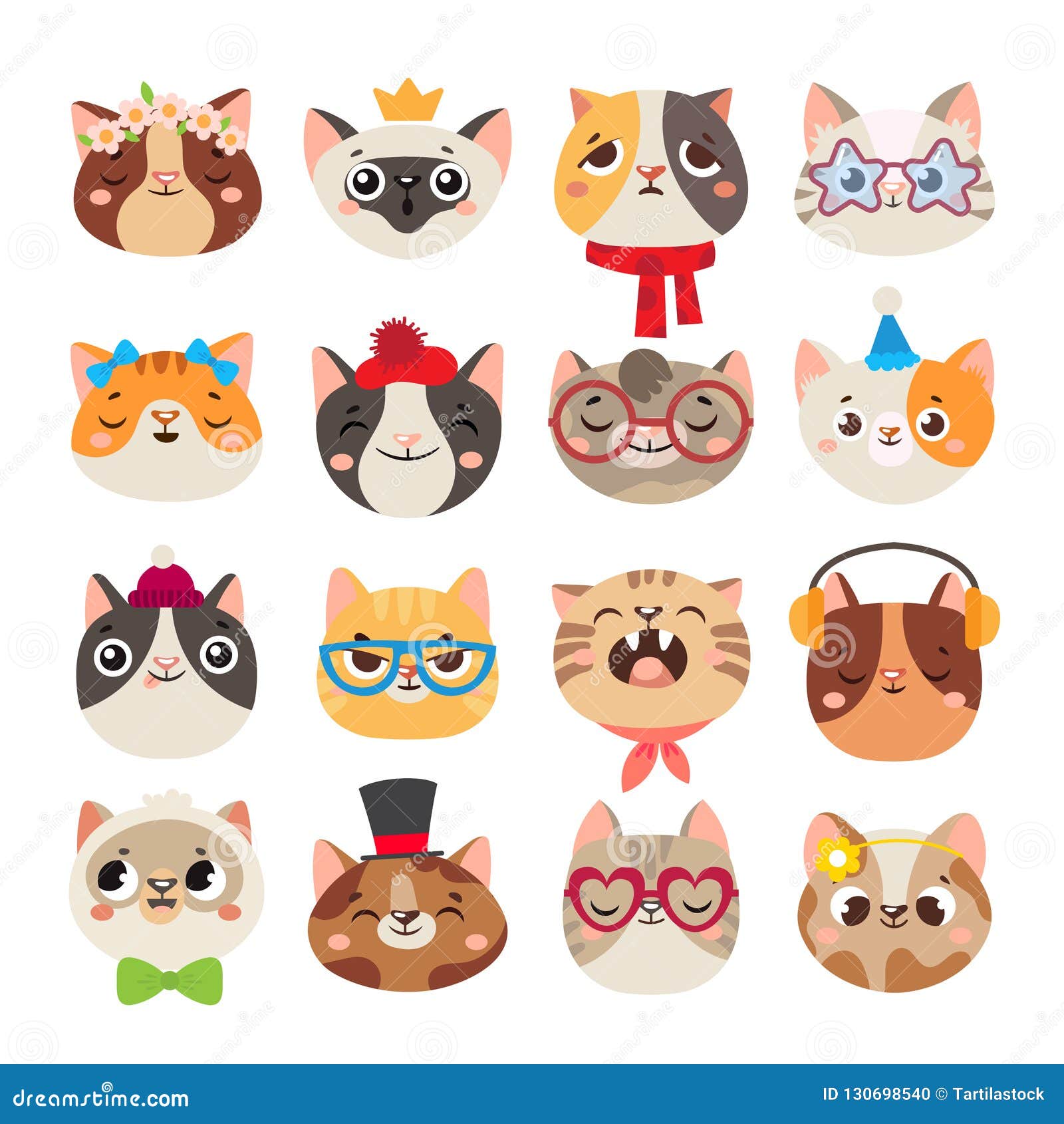 cute cats heads. cat muzzle, domestic kitty face wearing hat, scarf and color party glasses  cartoon  set